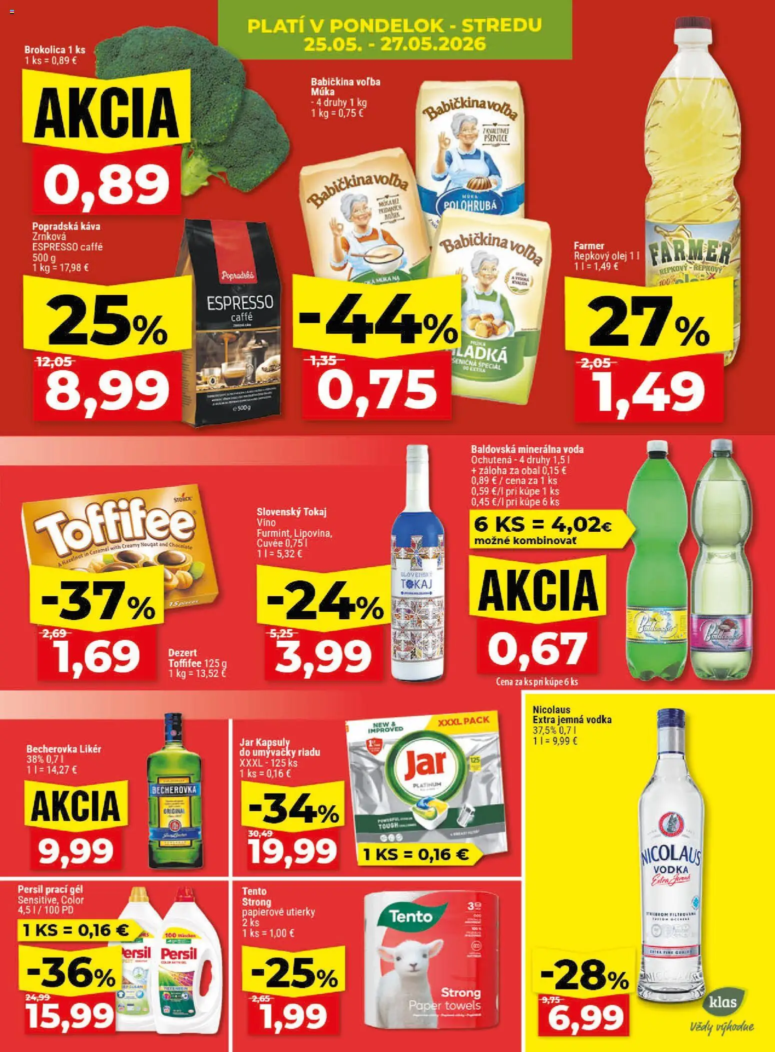 Nové Klas akcie – leták je platný od 25.05.2026 | Strana: 5 | Produkty: Becherovka, Káva, Brokolica, Nicolaus vodka