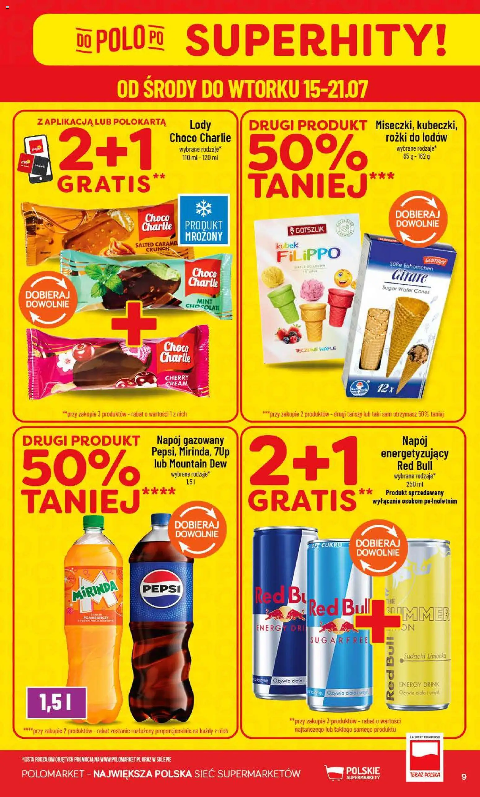 POLOmarket gazetka od 15.07.2026 | Strona: 9 | Produkty: Limonka, Wafle, Red bull, Lody