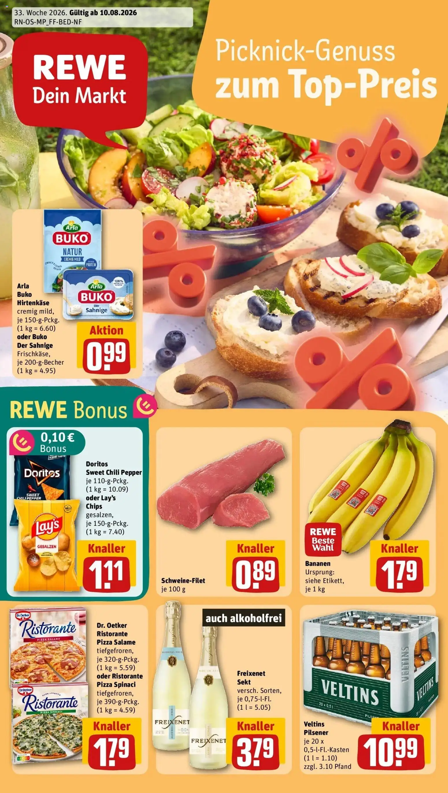 REWE Prospekt ab 10.08.2026 zum Blättern » Angebote | Seite: 1 | Produkte: Ristorante, Freixenet, Bananen, Arla buko