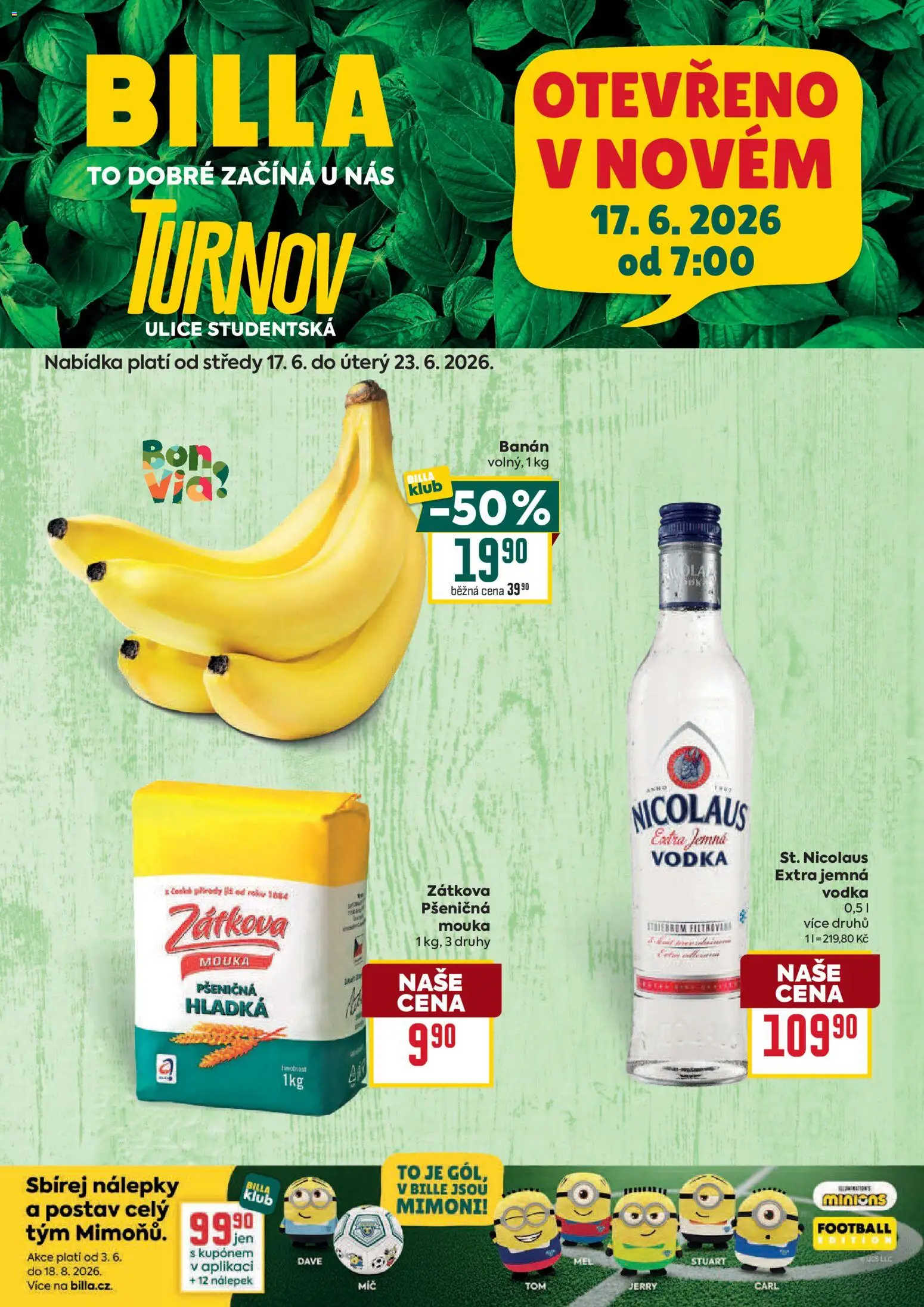 Billa leták - Turnov od 17.06.2026 | Strana: 1 | Produkty: Vodka, Banán, Mimoni, Mouka