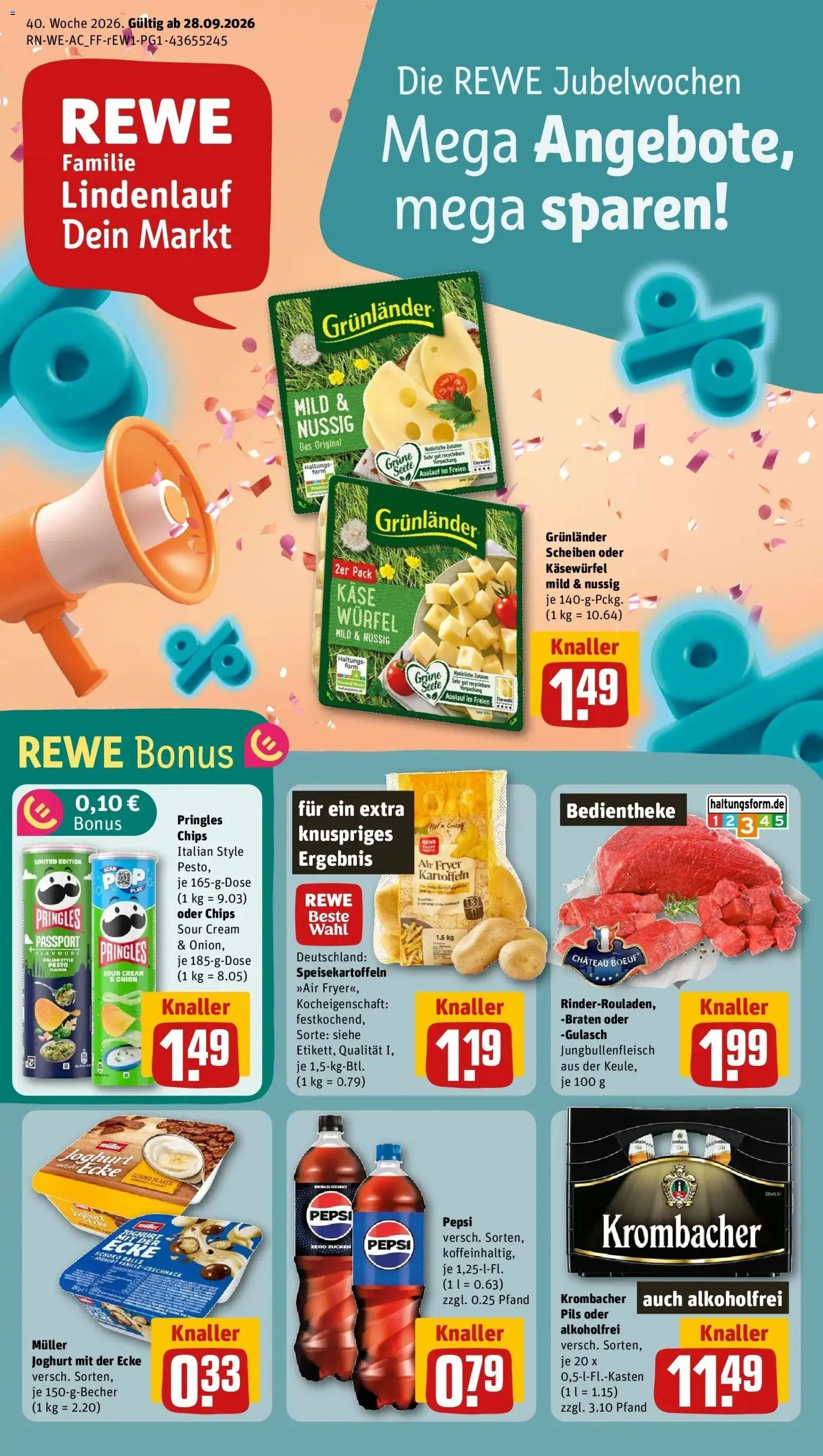 REWE Prospekt ab 28.09.2026 zum Blättern » Angebote | Seite: 1 | Produkte: Gulasch, Krombacher, Pepsi, Chips