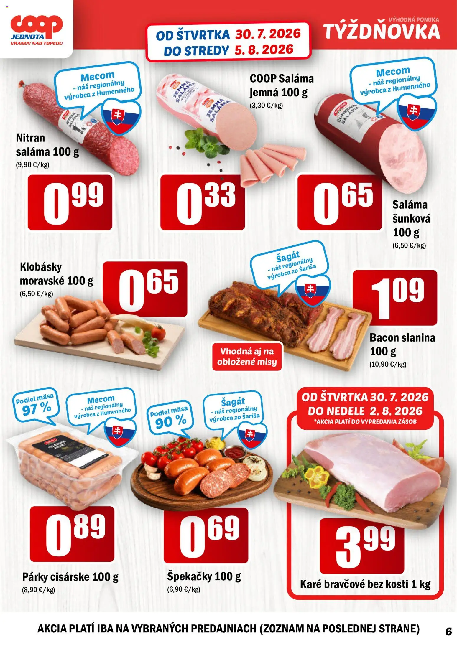 Nové COOP Jednota akcie – leták je platný od 30.07.2026 | Strana: 6 | Produkty: Saláma, Slanina, Párky