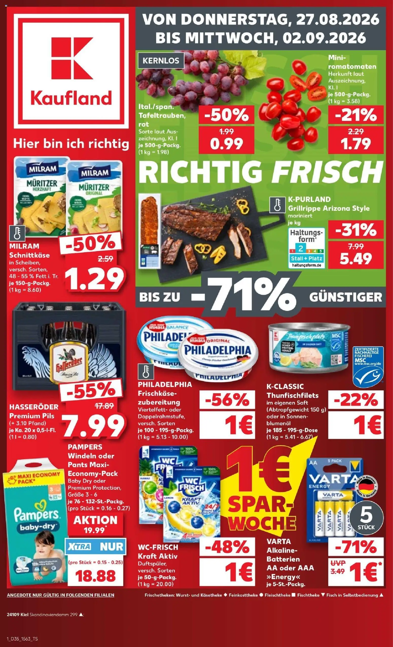 Kaufland Prospekt Kiel – gültig ab 27.08.2026 | Seite: 1 | Produkte: Energy, Fisch, Saft, Hasseröder