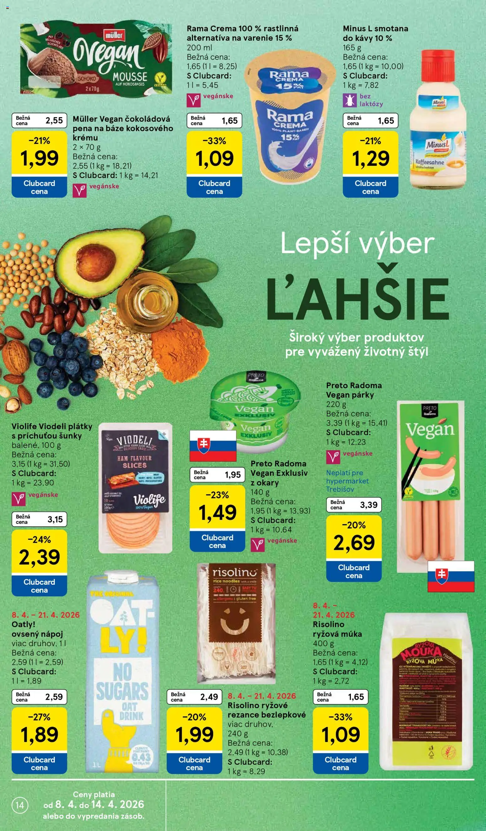 Nové Tesco akcie – leták je platný od 08.04.2026 | Strana: 14 | Produkty: Smotana, Rezance, Rama, Párky