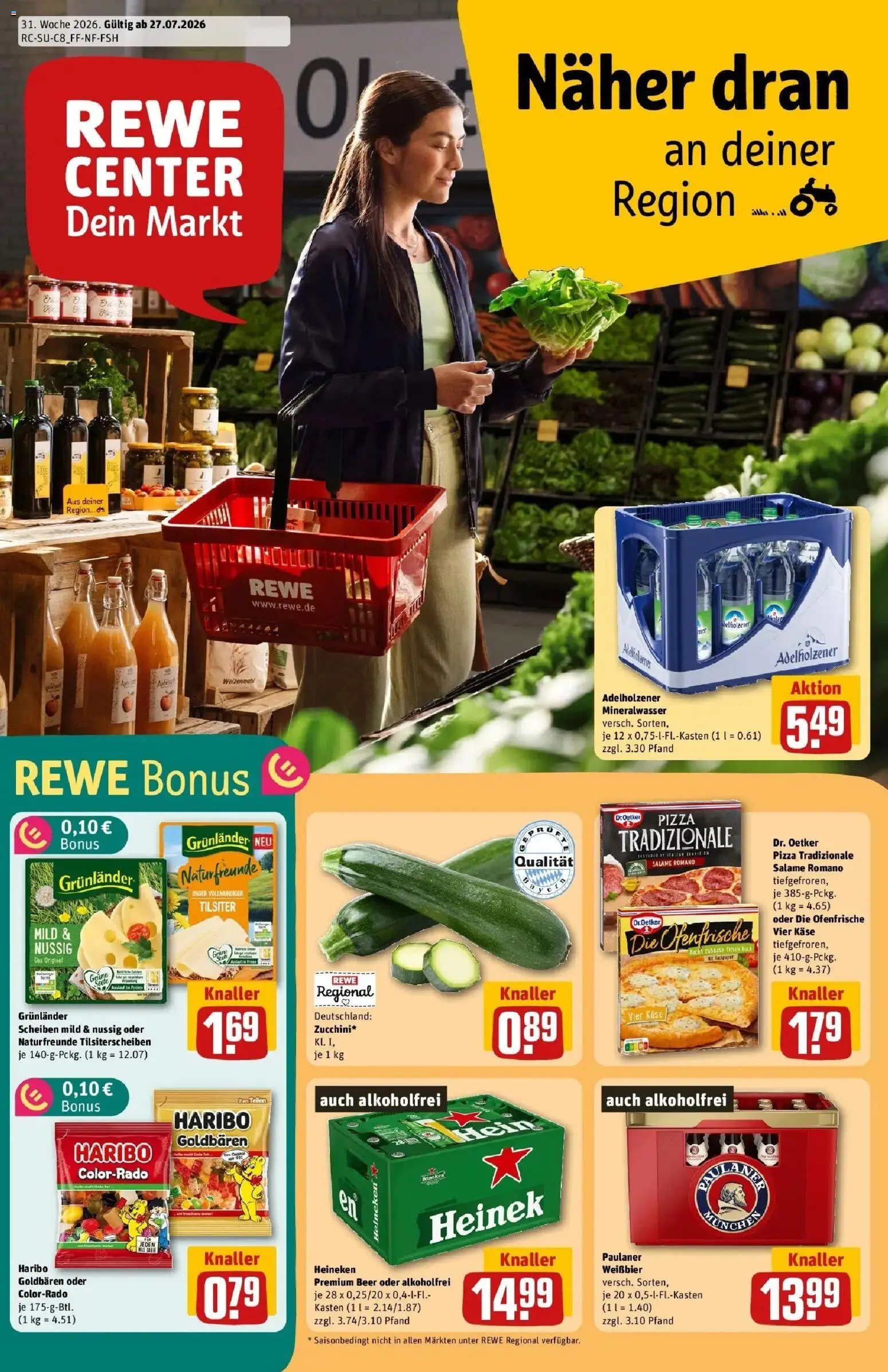 Rewe Prospekt Pegnitz – gültig ab 27.07.2026 | Seite: 1 | Produkte: Käse, Weißbier, Adelholzener, Mineralwasser