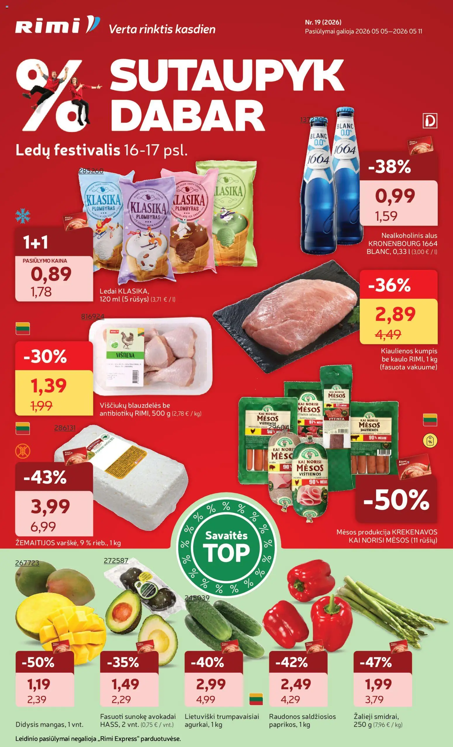 Rimi akcijos nuo 05.05.2026 | Puslapis: 1 | Prekių: Vištienos, Avokadai, Jautienos, Plombyras