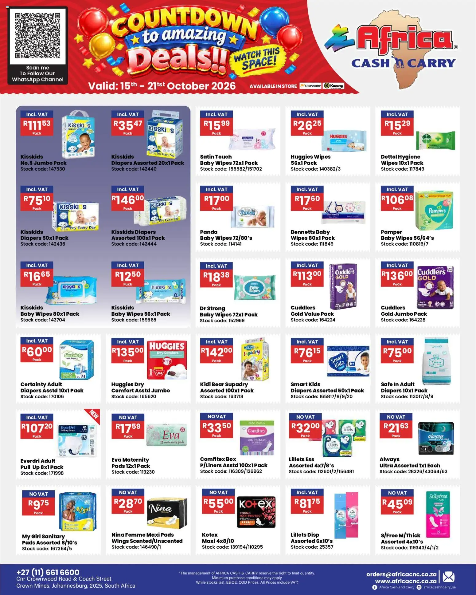 New Africa Cash & Carry catalogue – valid from 15/10/2026 | Page: 12 | Products: Watch, Diapers, Pads, Stock