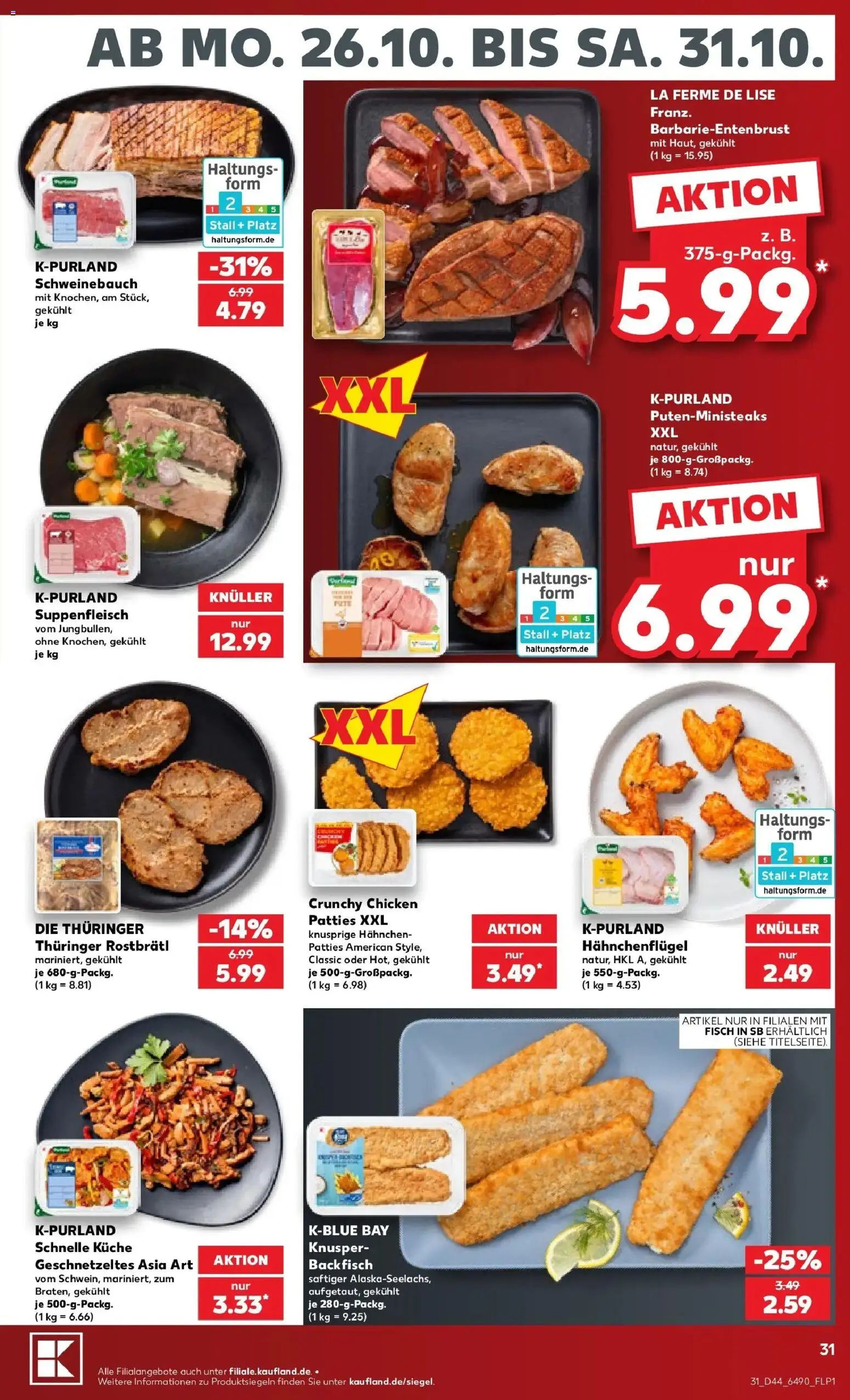 Prospekt Kaufland ab 26.10.2026 » Angebote Online zum Blättern | Seite: 31 | Produkte: Hahnchen, Schweinebauch, Fisch, Suppenfleisch