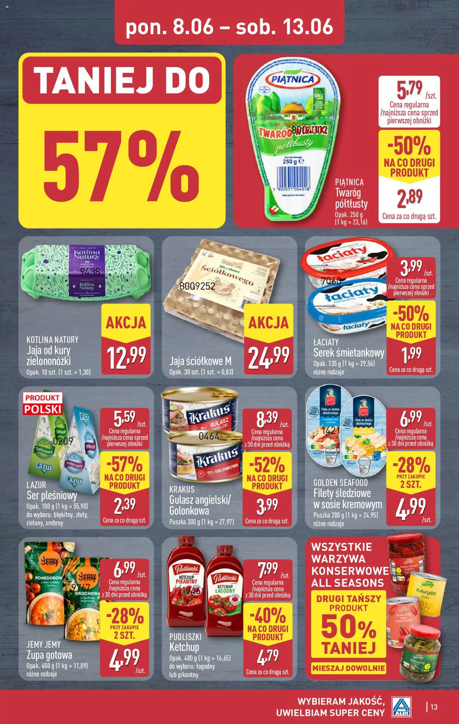 Aldi gazetka od 08.06.2026 | Strona: 13 | Produkty: Ser pleśniowy, Serek, Gulasz, Warzywa