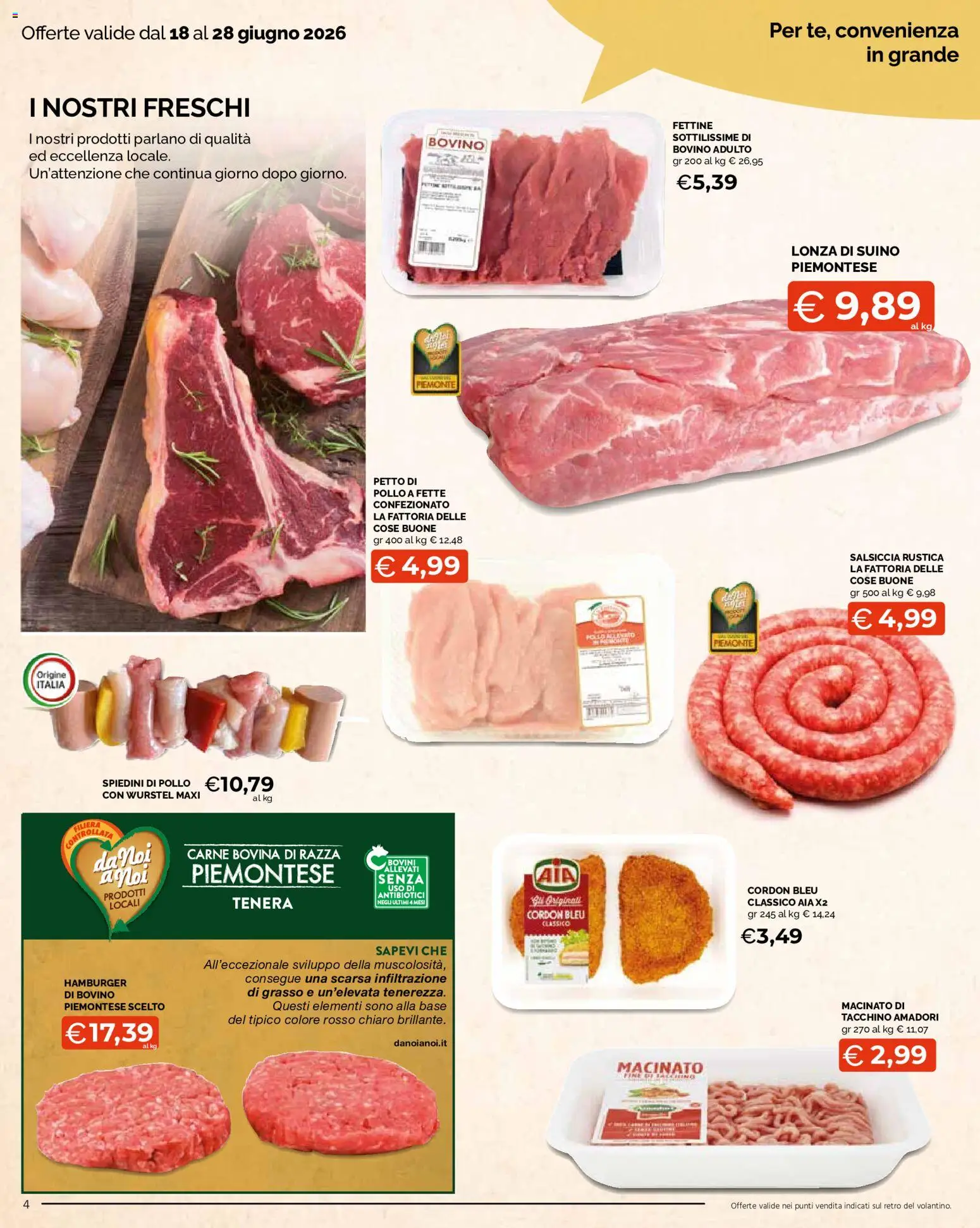 Volantino Mercatò del 18.06.2026 | Pagina: 4 | Prodotti: Bovino, Petto di Pollo, Wurstel, Hamburger