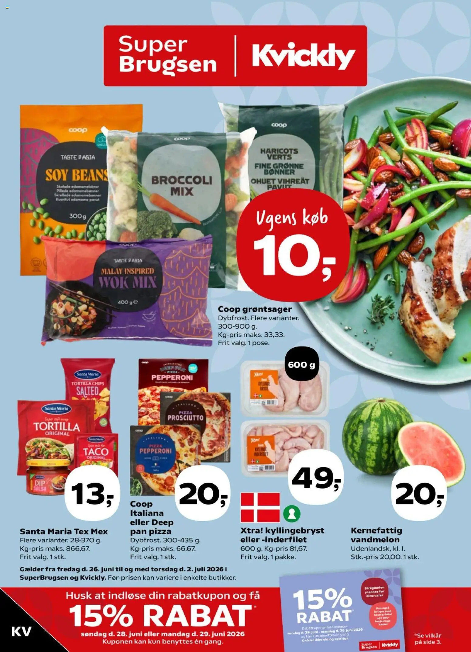 Kvickly tilbudsavis – gyldig fra 26/06/2026 | Side: 1 | Produkter: Pizza, Vin, Chips, Vandmelon