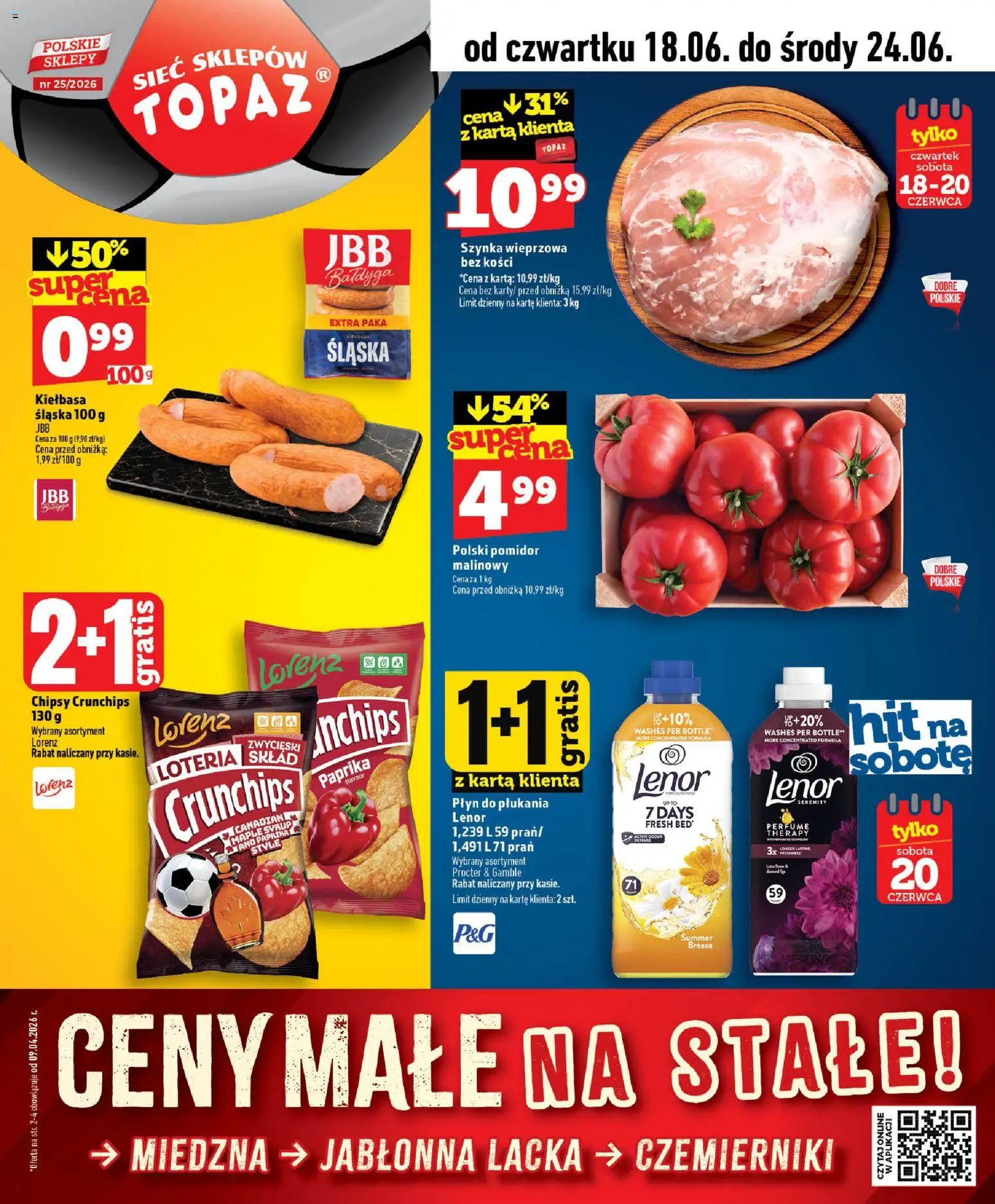 Topaz gazetka - Ceny małe na stałe od 18.06.2026 | Strona: 1 | Produkty: Kiełbasa, Karta, Pomidor malinowy, Chipsy