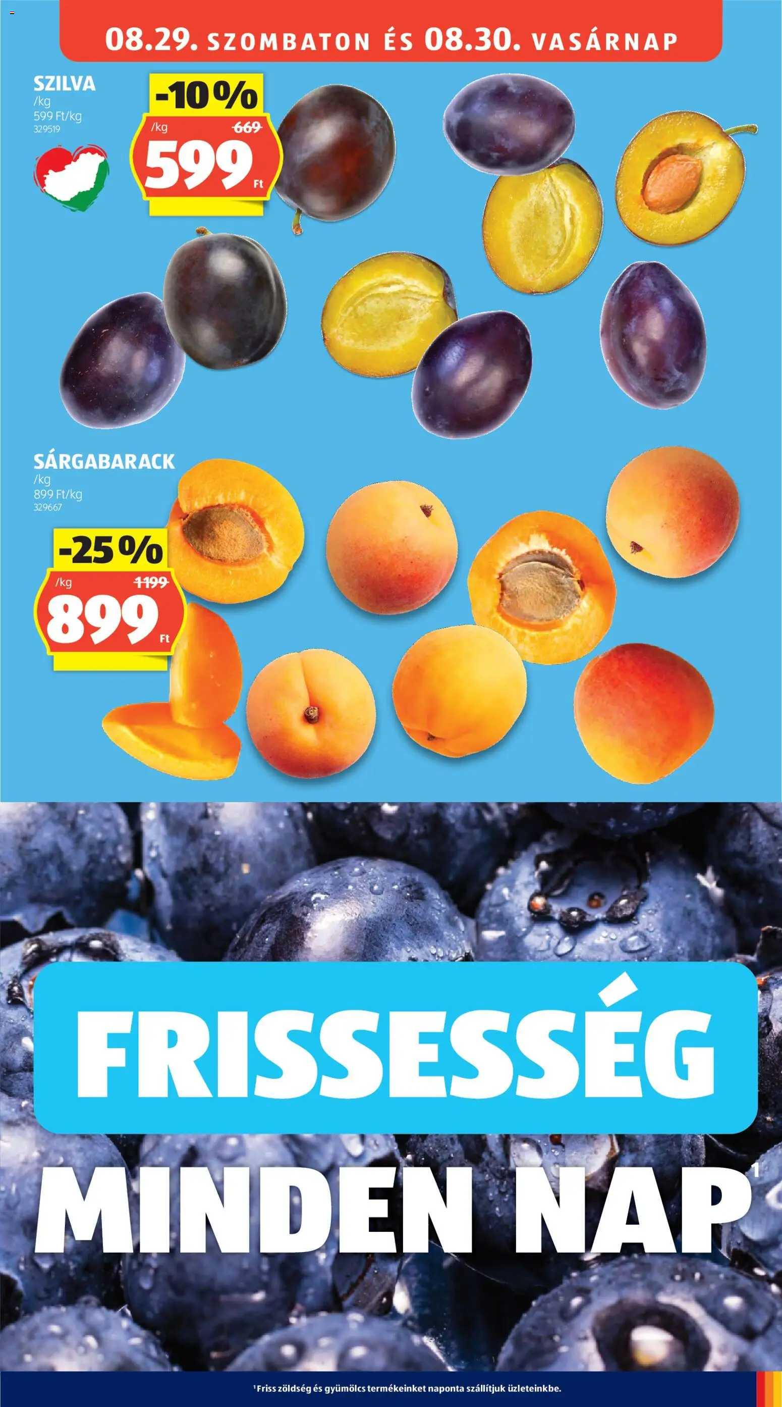 Aldi akciós ujság - amely érvényes a következő dátumtól: 2026.08.27. | Oldal: 21 | Termékek: Gyümölcs, Sárgabarack, Szilva, Zöldség