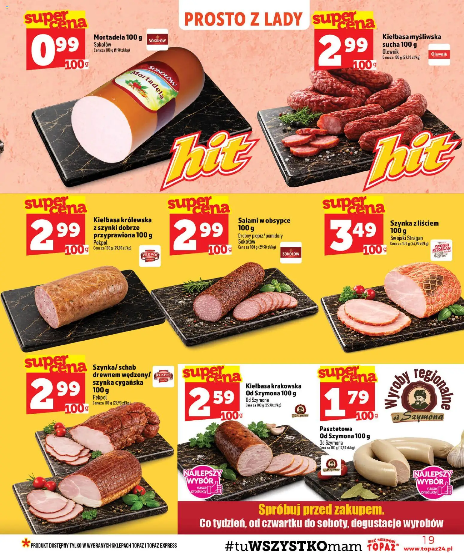 Topaz gazetka - MAZ od 23.07.2026 | Strona: 19 | Produkty: Kiełbasa, Mortadela, Myśliwska, Salami