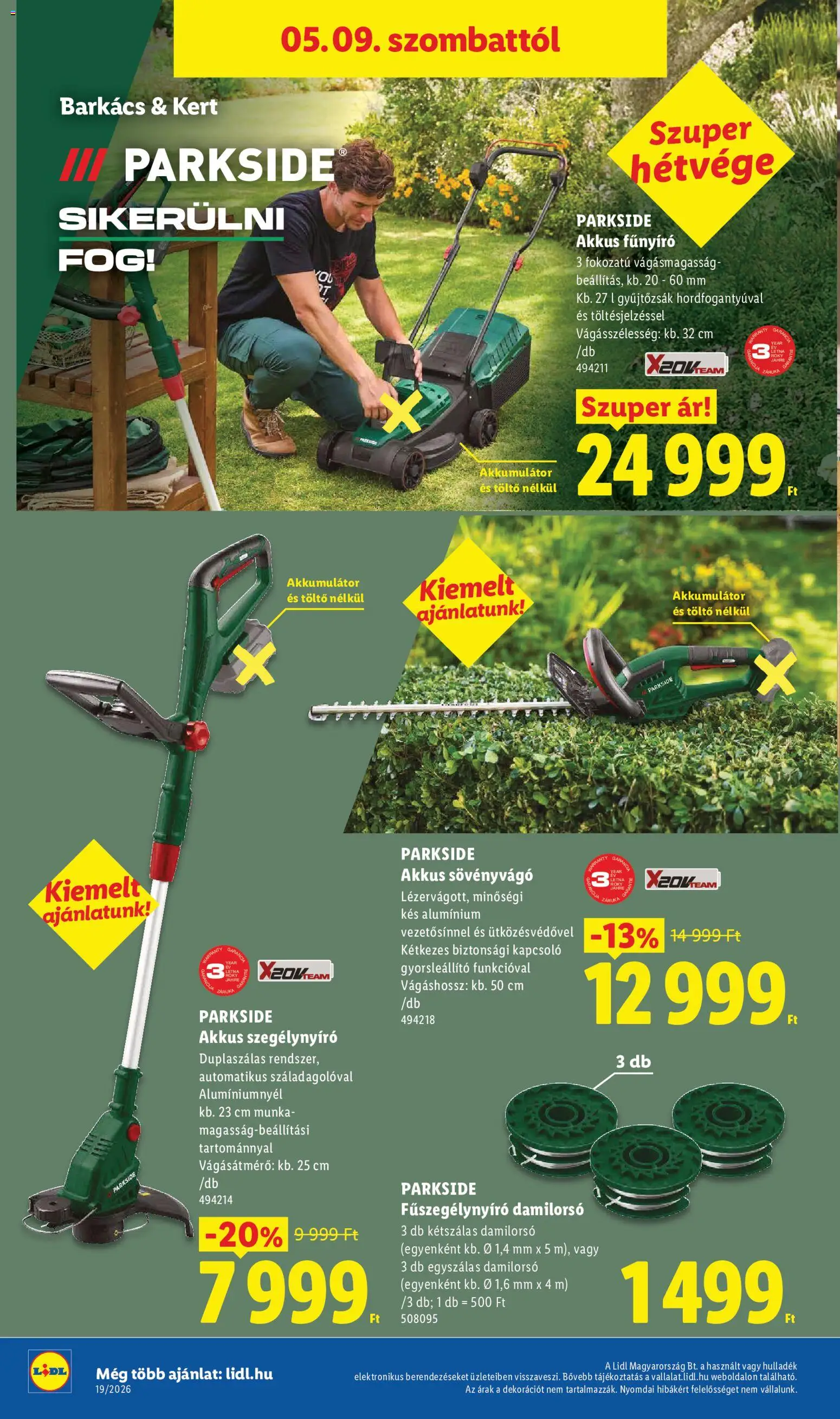 Lidl akciós ujság - amely érvényes a következő dátumtól: 07.05.2026 | Oldal: 52 | Termékek: Parkside, Akkumulátor, Fűnyíró, Töltő
