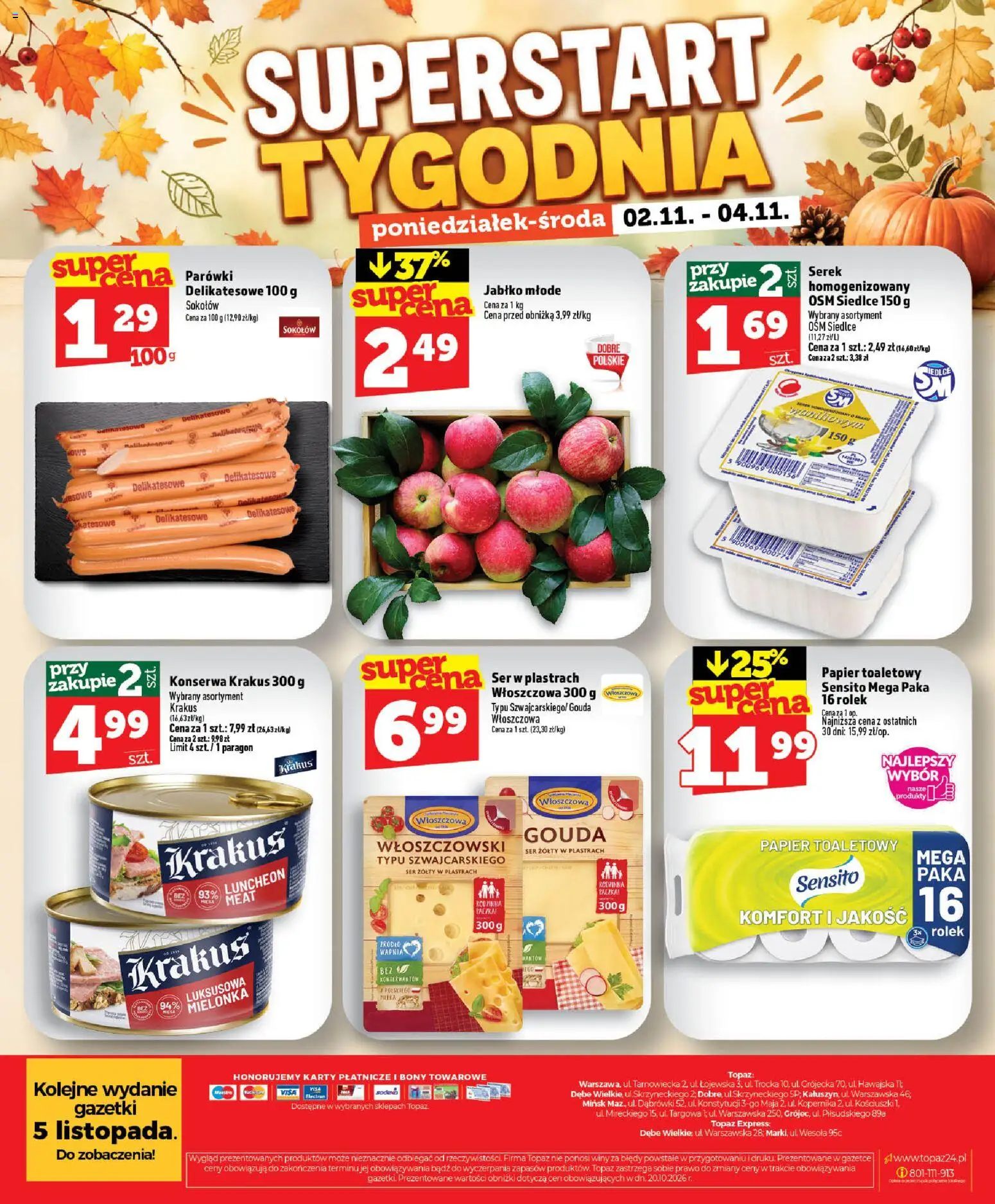 Topaz gazetka - MAZ od 29.10.2026 | Strona: 62 | Produkty: Ser w plastrach, Serek, Papier toaletowy, Ser