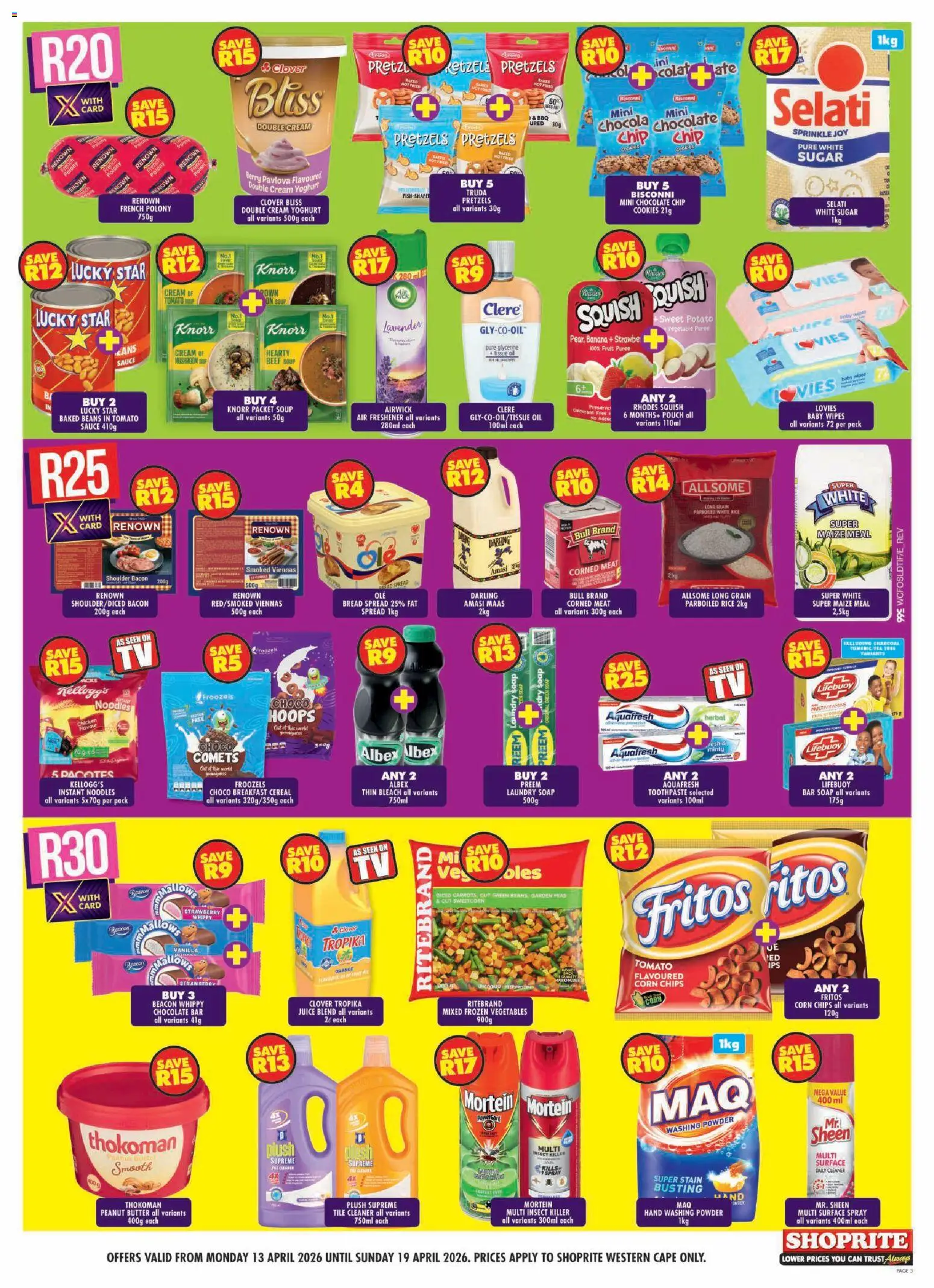 New Shoprite catalogue – valid from 13.04.2026 | Page: 3 | Products: Multivitamins, Chocolate, Baby food, Bacon