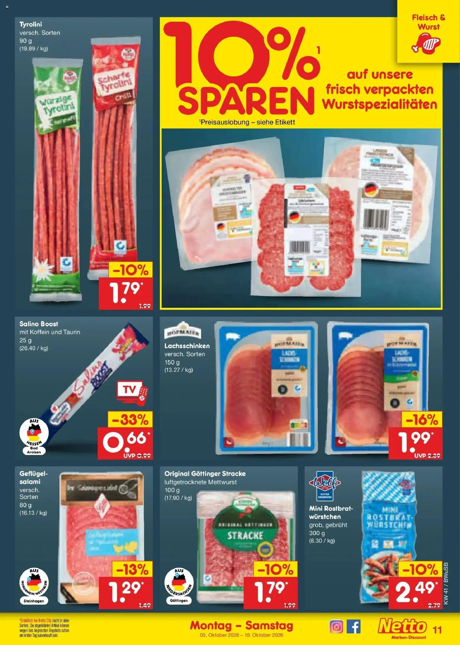 Netto Marken-Discount Prospekt Bielefeld (ab 05.10.2026) » Angebote | Seite: 11 | Produkte: Wurst, Salami, Fleisch