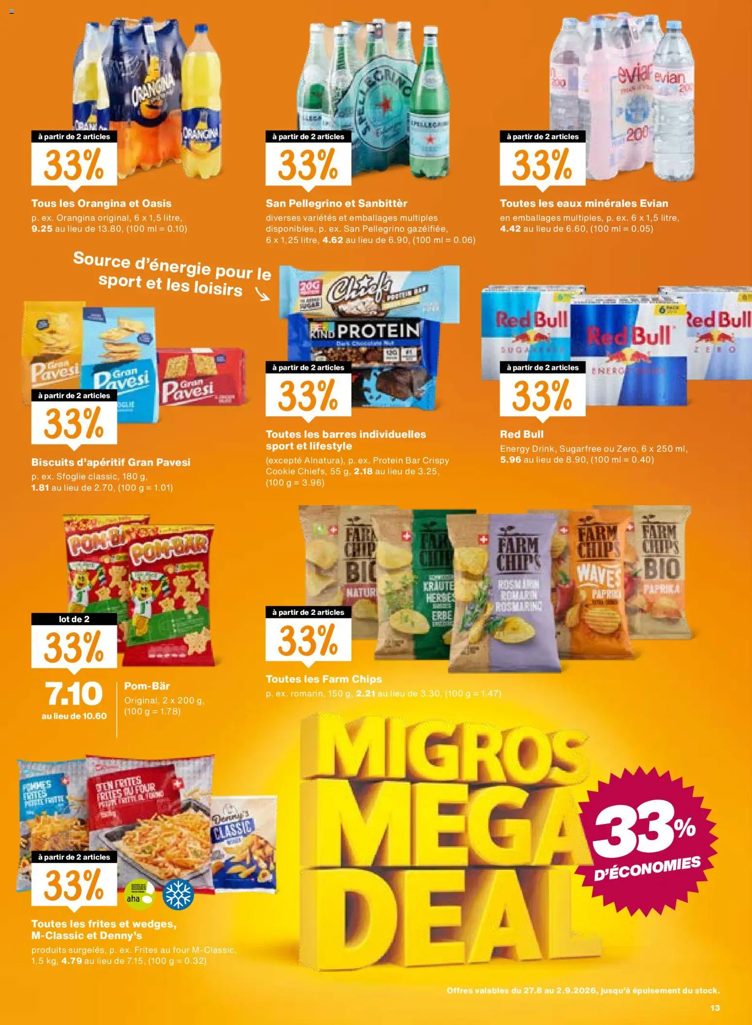 Migros aktionen FR – gültig ab 27.08.2026 | Seite: 13 | Produkte: Red bull, Snacks, Paprika, Chips