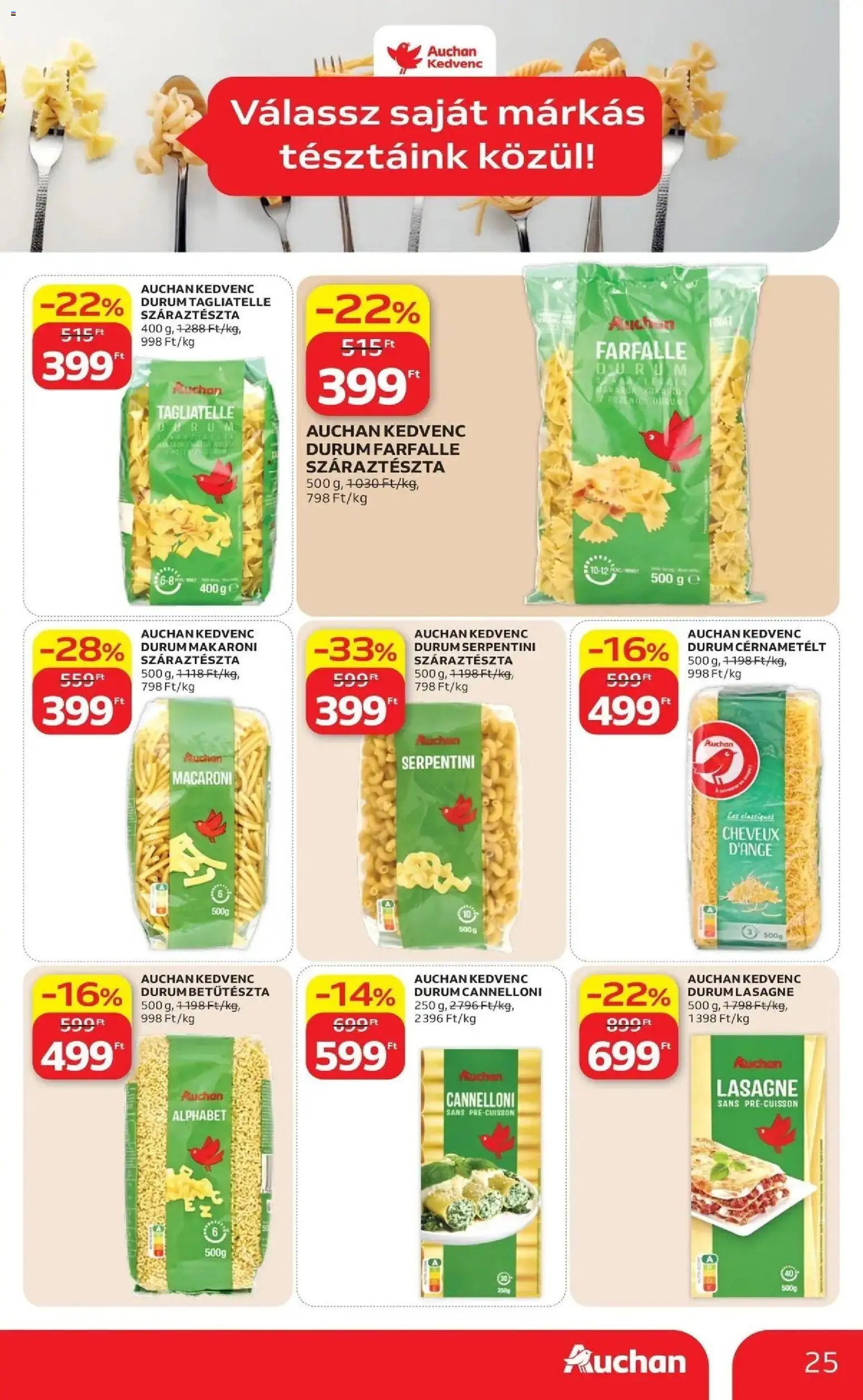 Auchan akciós újság Szolnok - 2026.08.13. -tól/töl > akció, lapozható szórólap 🛍️ | Oldal: 25 | Termékek: Tagliatelle, Cannelloni, Lasagne, Száraztészta