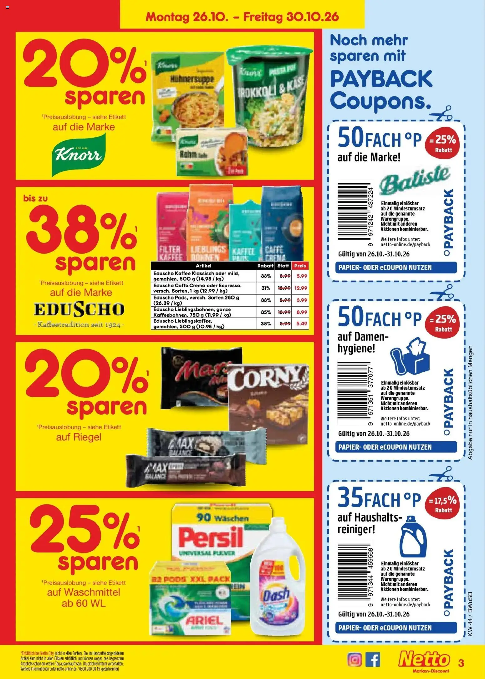 Netto Marken-Discount Prospekt Bielefeld – gültig ab 26.10.2026 | Seite: 3 | Produkte: Kaffee, Knorr, Waschmittel, Brokkoli