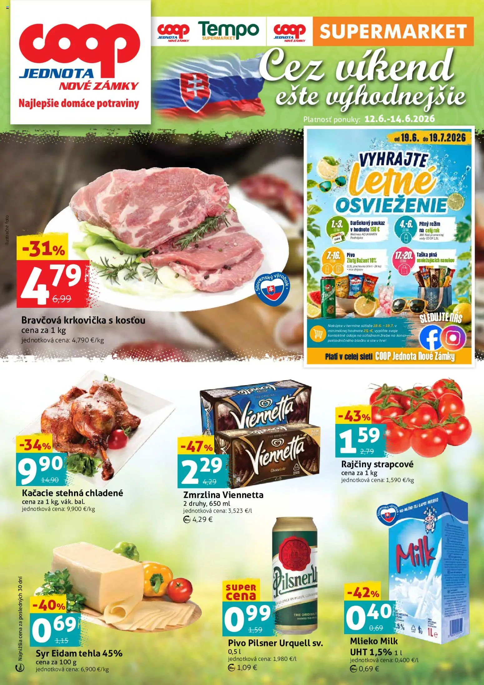 Nové COOP Jednota akcie – leták je platný od 12.06.2026 | Strana: 1 | Produkty: Syr, Kačacie stehná, Zmrzlina, Taška