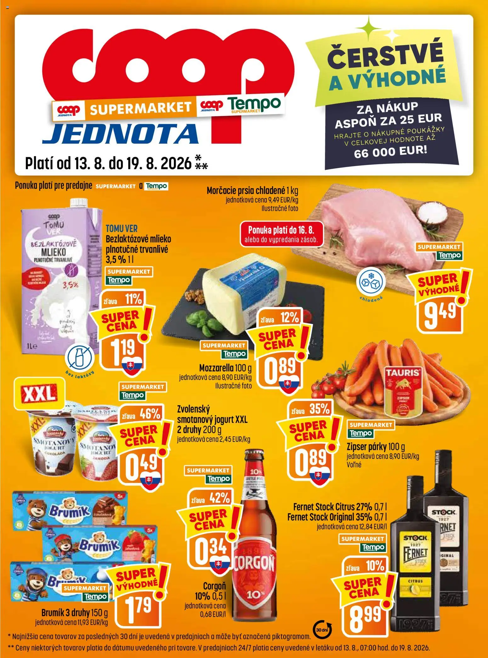 Nové COOP Jednota akcie – leták je platný od 13.08.2026 | Strana: 13 | Produkty: Morčacie prsia, Mlieko plnotučné, Párky, Bezlaktózové mlieko