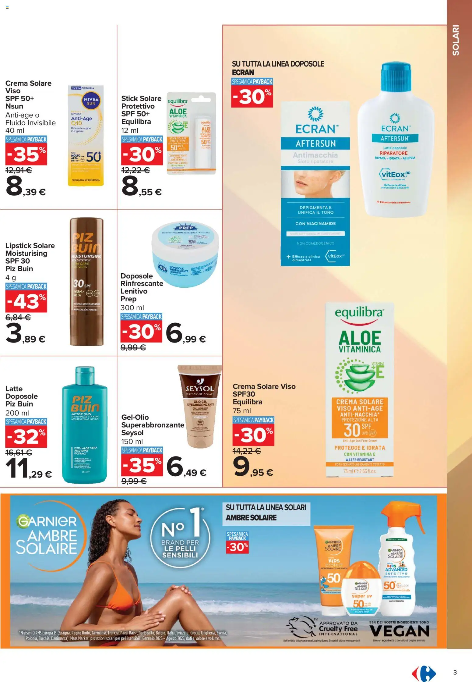 Volantino Carrefour del 10/07/2026 | Pagina: 3 | Prodotti: Crema solare, Latte, Olio, Aloe vera