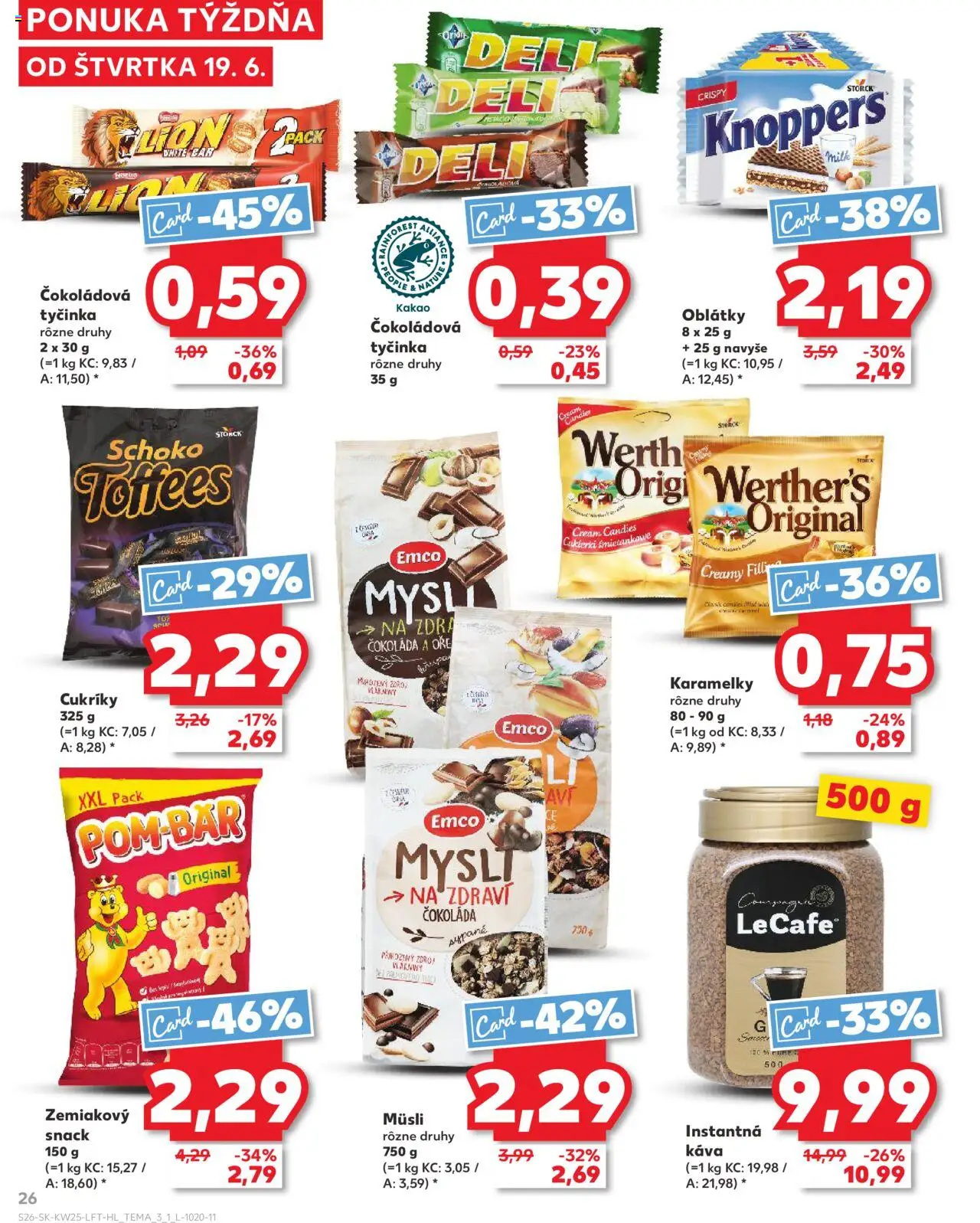 Nové Kaufland akcie – leták je platný od 19.06.2025 | Strana: 26 | Produkty: Káva, Instantná káva, Čokoláda, Oblátky