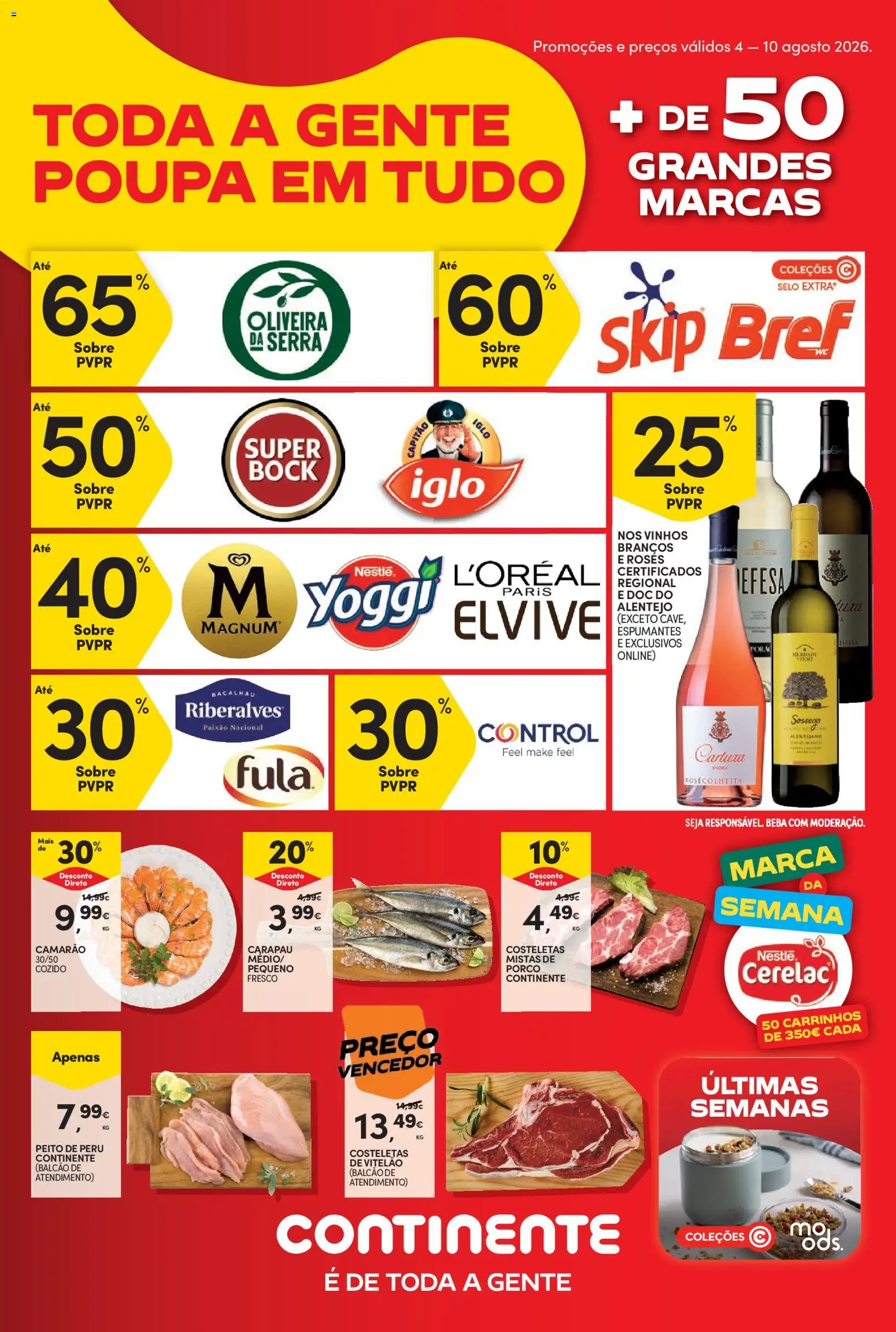 Continente Semanal Continente Bom Dia │ válido de 04/08/2026 | Página: 1 | Produtos: Bacalhau, Peito de peru, Camarão, Nestlé