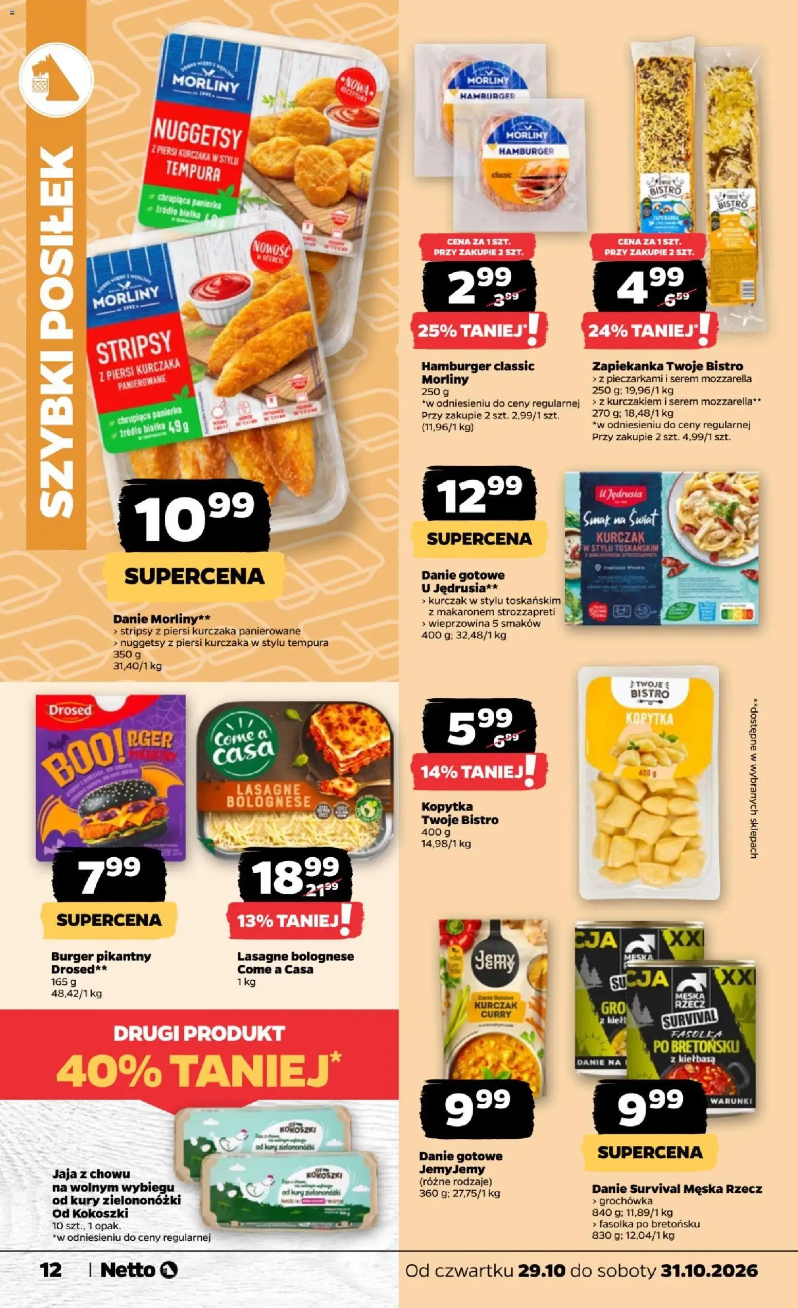 Netto gazetka od czwartku od 29.10.2026 | Strona: 12 | Produkty: Piersi, Hamburger, Zapiekanka, Jaja