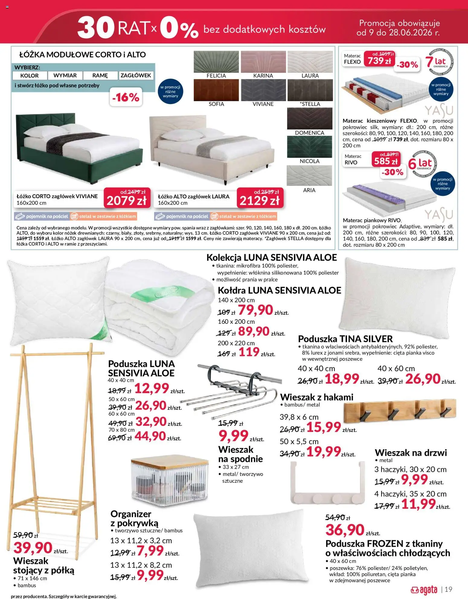 Salony Agata gazetka od 09.06.2026 | Strona: 19 | Produkty: Materac, Poduszka, Półka, Wieszak