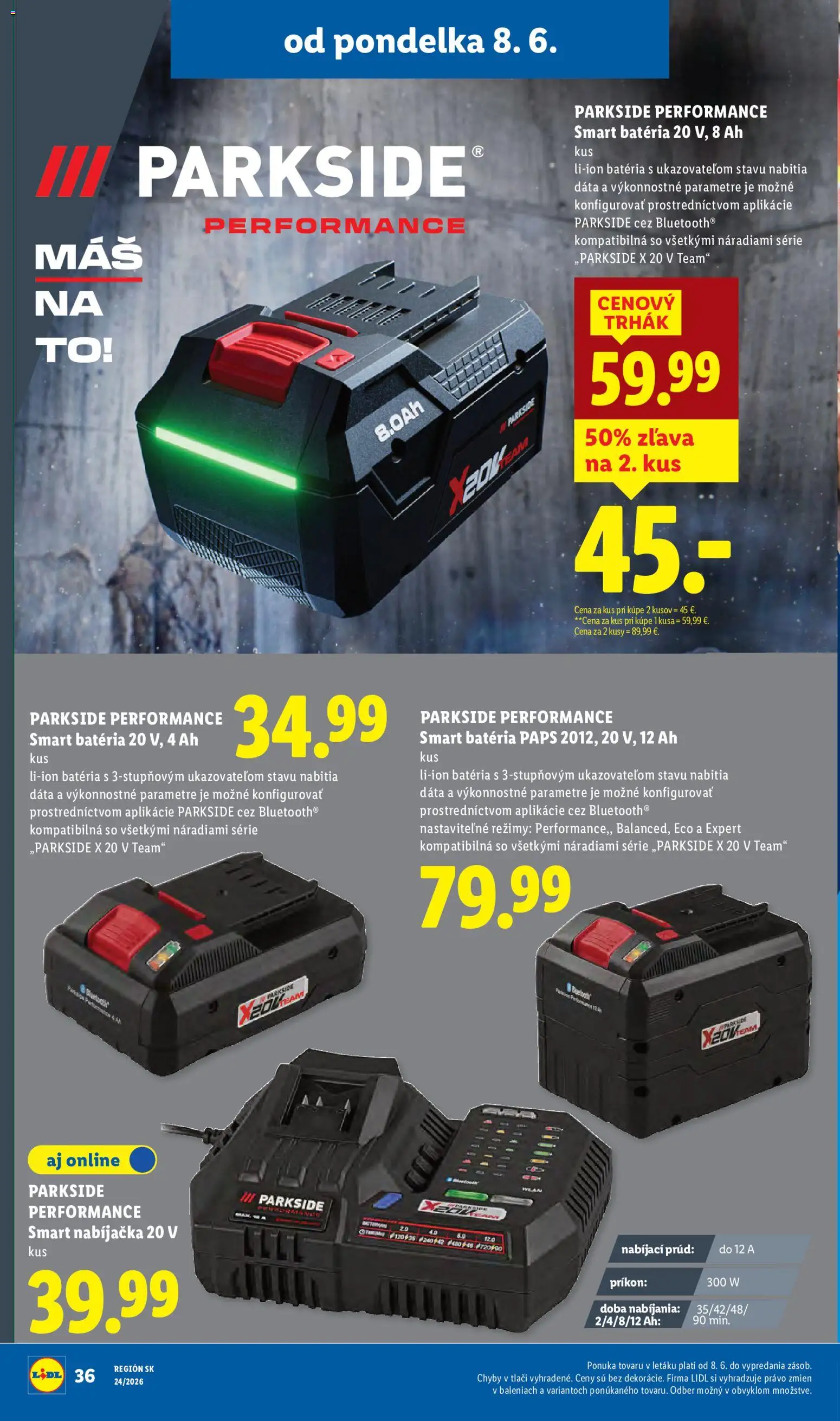 Nové Lidl akcie – leták je platný od 08.06.2026 | Strana: 52 | Produkty: Nabíjačka, Parkside, Batéria
