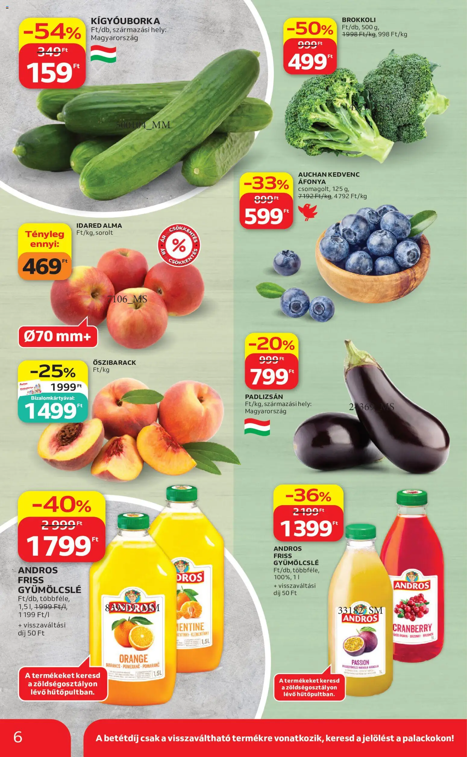 Auchan akciós ujság - amely érvényes a következő dátumtól: 21.05.2026 | Oldal: 6 | Termékek: Padlizsán, Gyümölcslé, Kígyóuborka, Alma