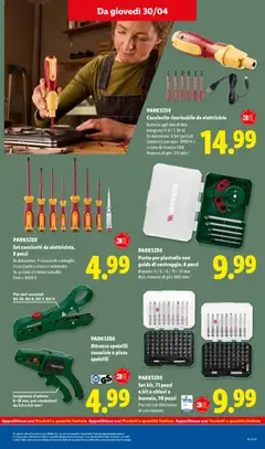 Anteprima del volantino PARKSIDE Cacciavite ricaricabile da elettricista, Batteria agli ioni di litio integrata (4 V / 1,5A h). In dotazione: 6 bit speciali (ammessi per max. 1000 V~) e cavo di ricarica USB. Numero di giri: 215 min-1 valido a partire dal 30.04.2026 | Pagina: 25 | Prodotti: Piastrelle, Cavo, Cacciavite, USB