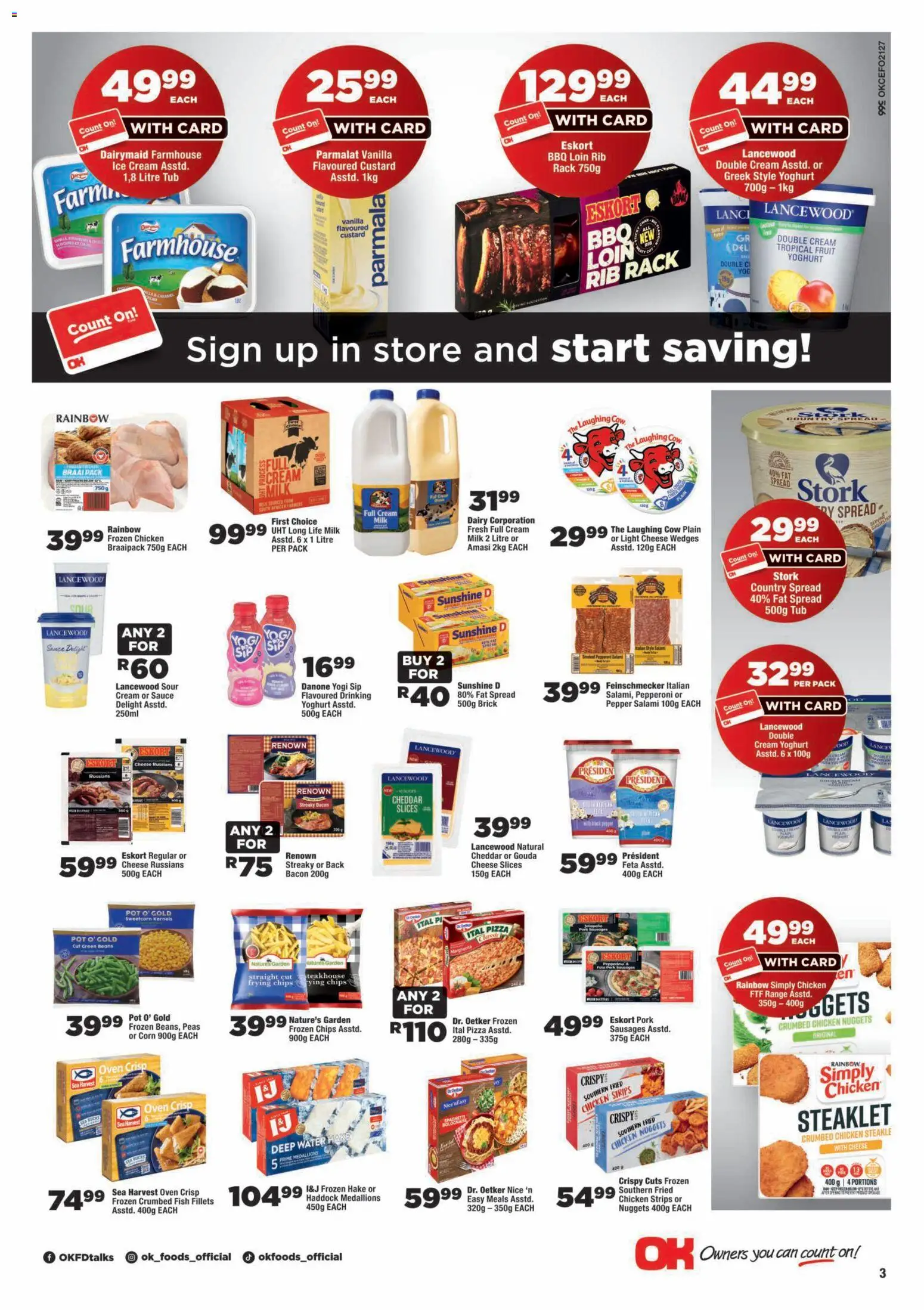 New OK Foods catalogue – valid from 09/09/2026 | Page: 3 | Products: Frozen chicken, Water, Sauce, Caramel