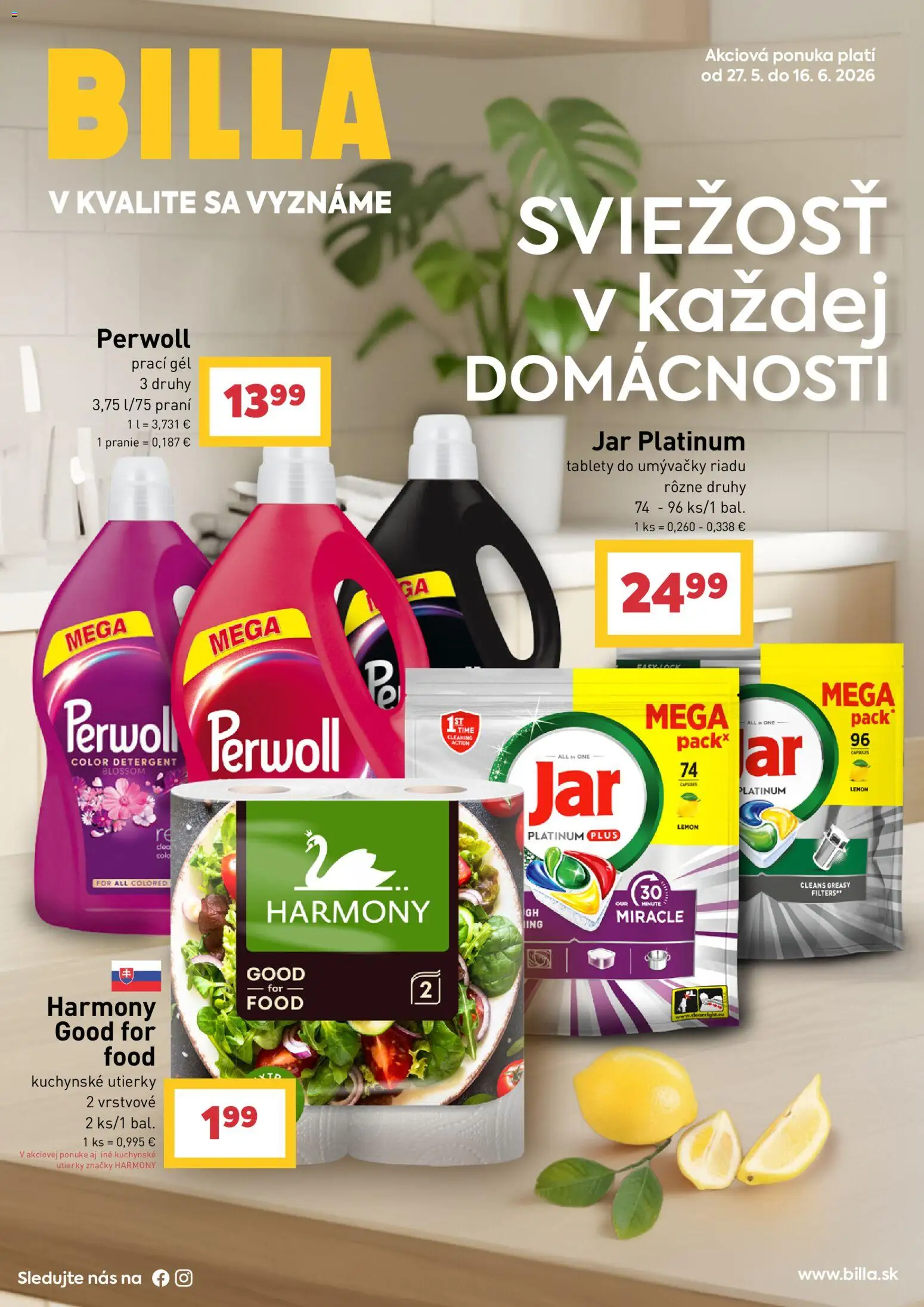 Nové Billa akcie – leták je platný od 27.05.2026 | Strana: 1 | Produkty: Perwoll, Tablety do umývačky riadu, Jar
