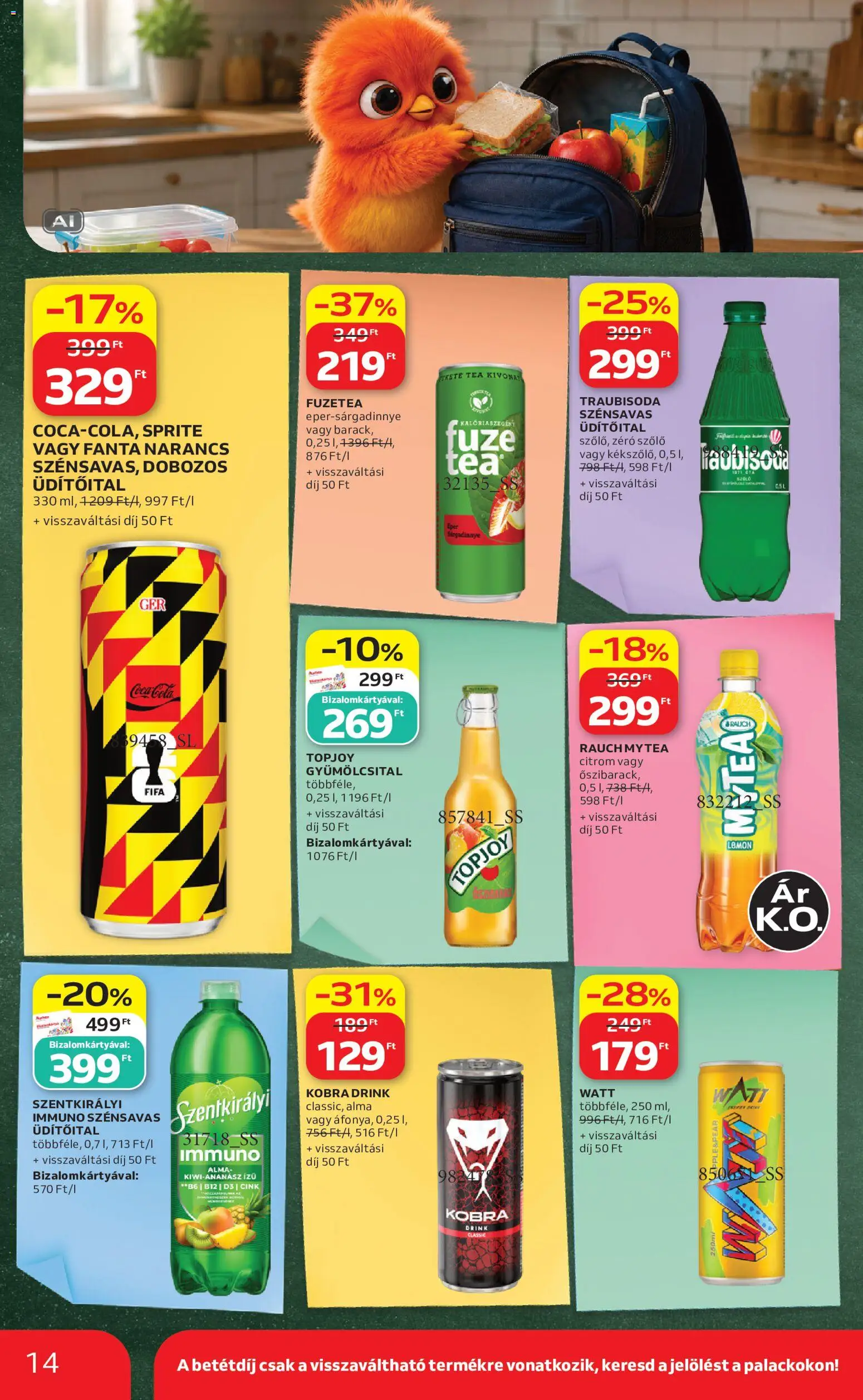 Auchan akciós ujság - amely érvényes a következő dátumtól: 2026.08.21. | Oldal: 14 | Termékek: Üdítőital, Cola, Narancs, Rauch