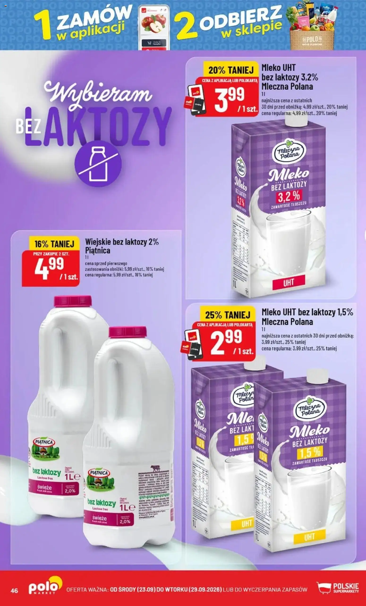 Nowa POLOmarket gazetka od jutra 23.09.2026 | Strona: 46 | Produkty: Mleko bez laktozy, Piątnica, Mleko, Mleko UHT