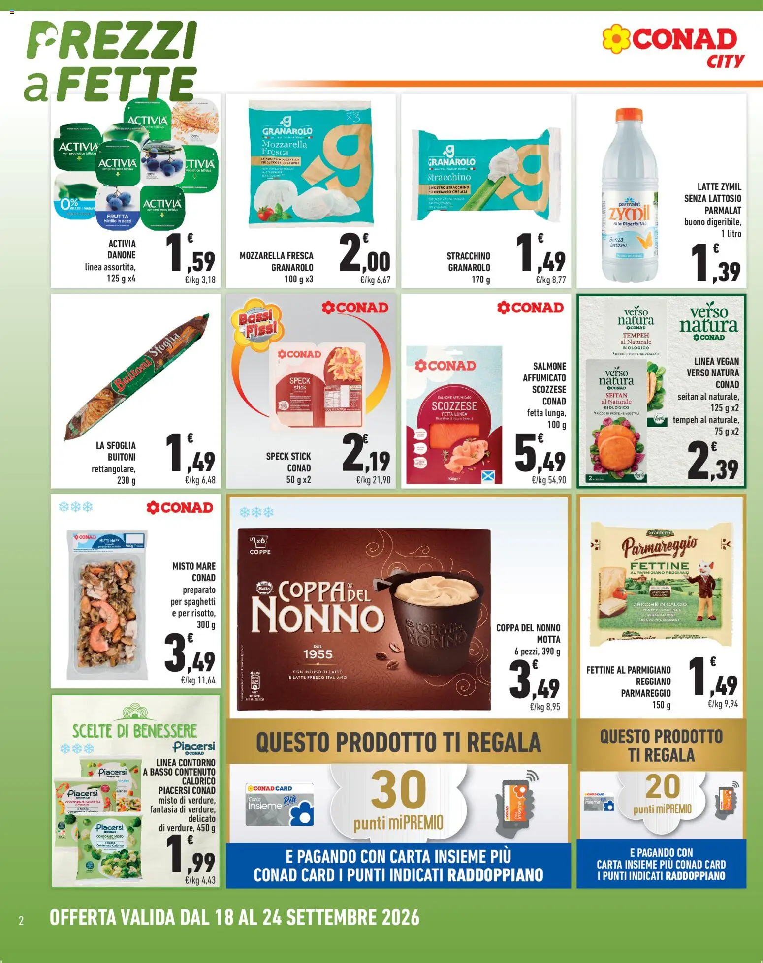 Volantino Conad del 18/09/2026 | Pagina: 2 | Prodotti: Salmone affumicato, Basso, Parmigiano reggiano, Seitan