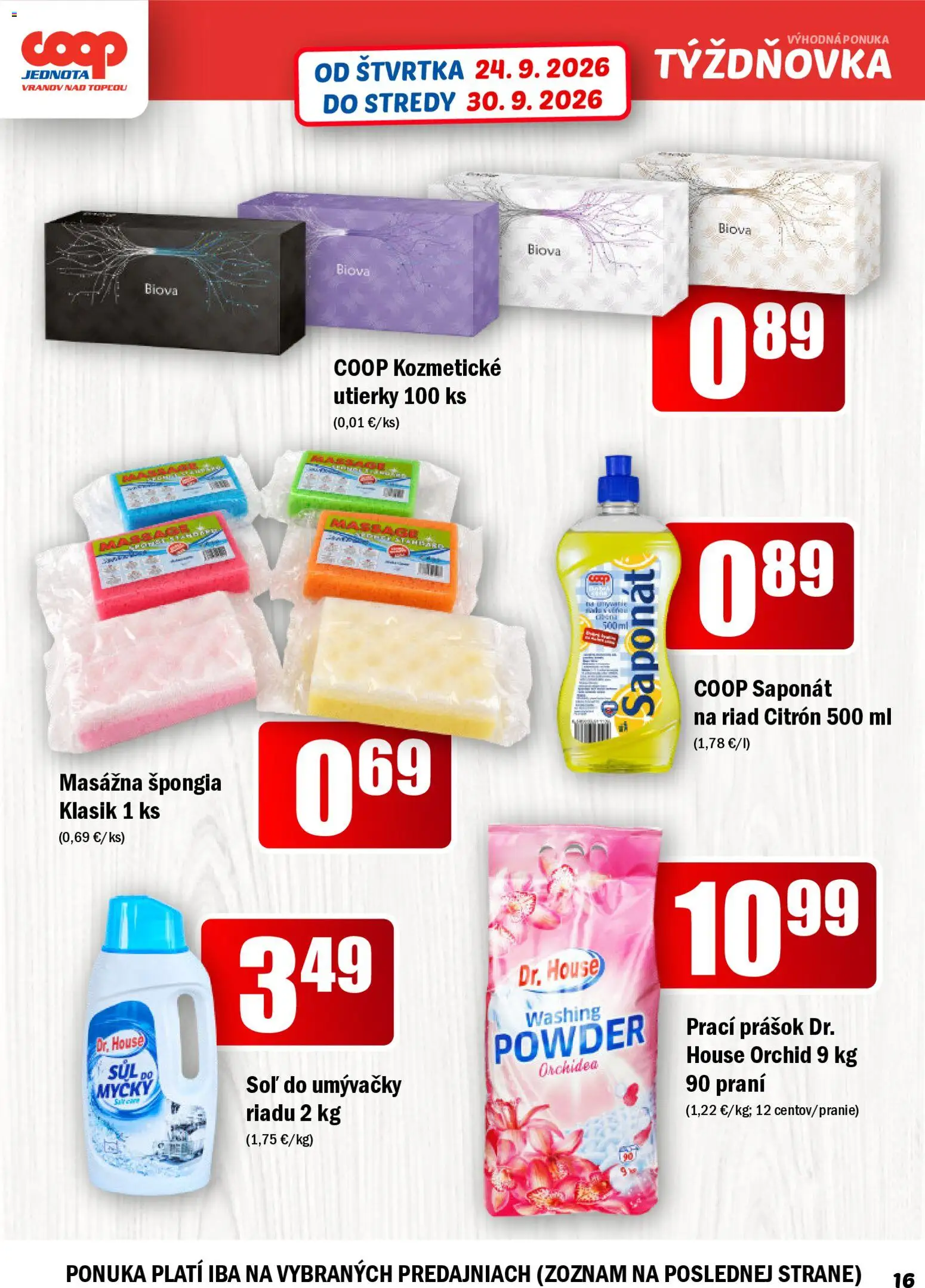 Nové COOP Jednota akcie – leták je platný od 24.09.2026 | Strana: 16 | Produkty: Soľ do umývačky, Prací prášok, Soľ, Utierky