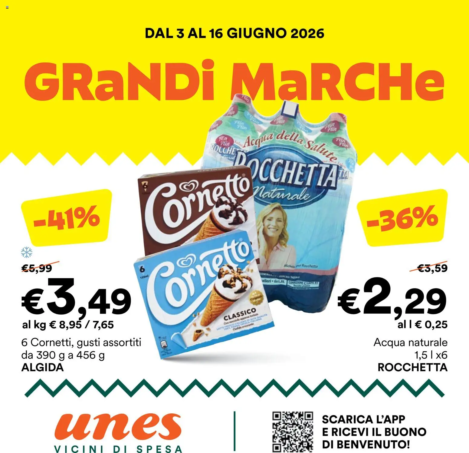 Volantino Unes del 03.06.2026 | Pagina: 1 | Prodotti: Cornetto, Acqua, Acqua naturale
