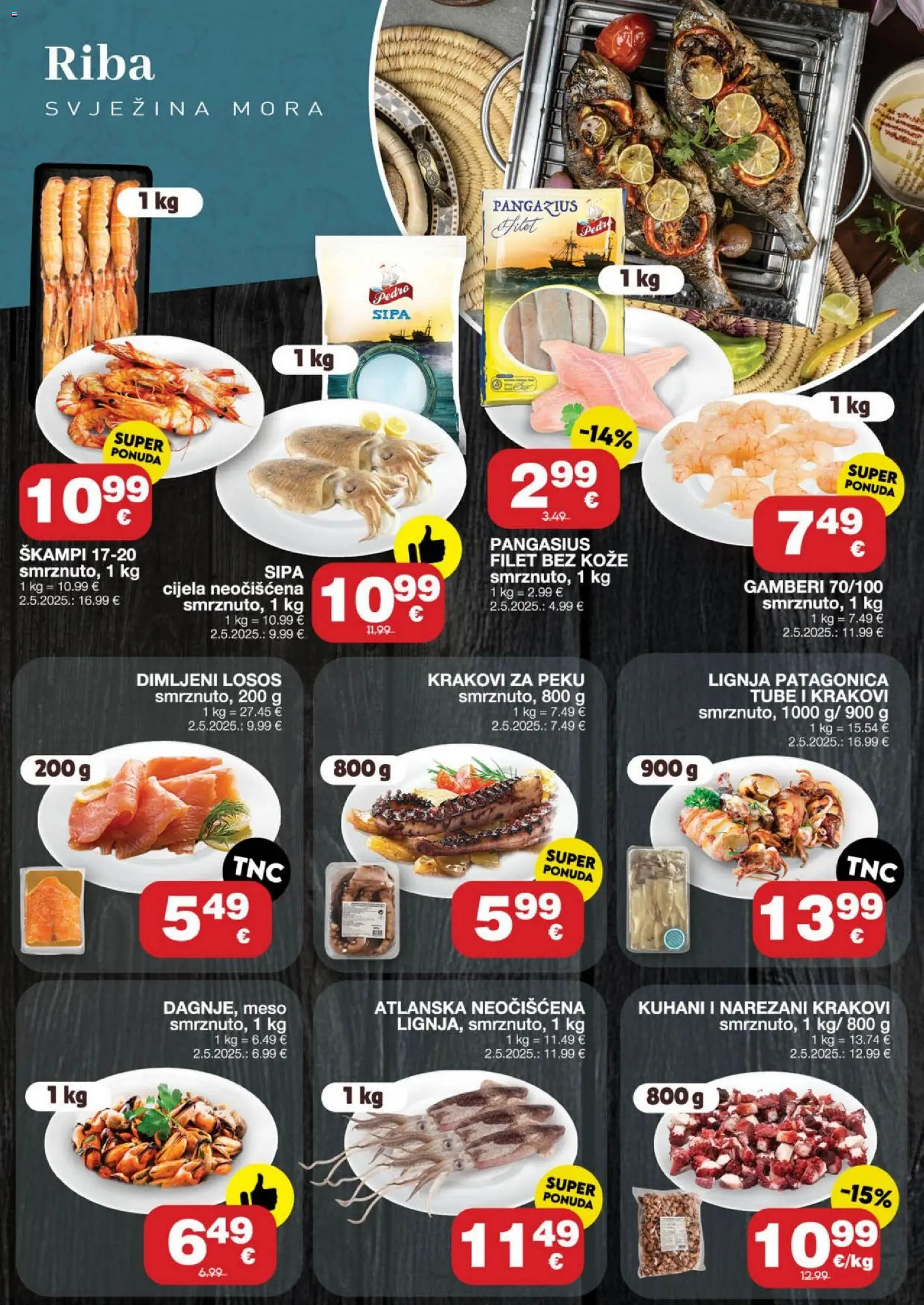 Stanić Diskont katalog | vrijedi od 29.04.2026 | Stranica: 7 | Proizvodi: Dimljeni losos, Gamberi, Losos, Lignja Patagonica