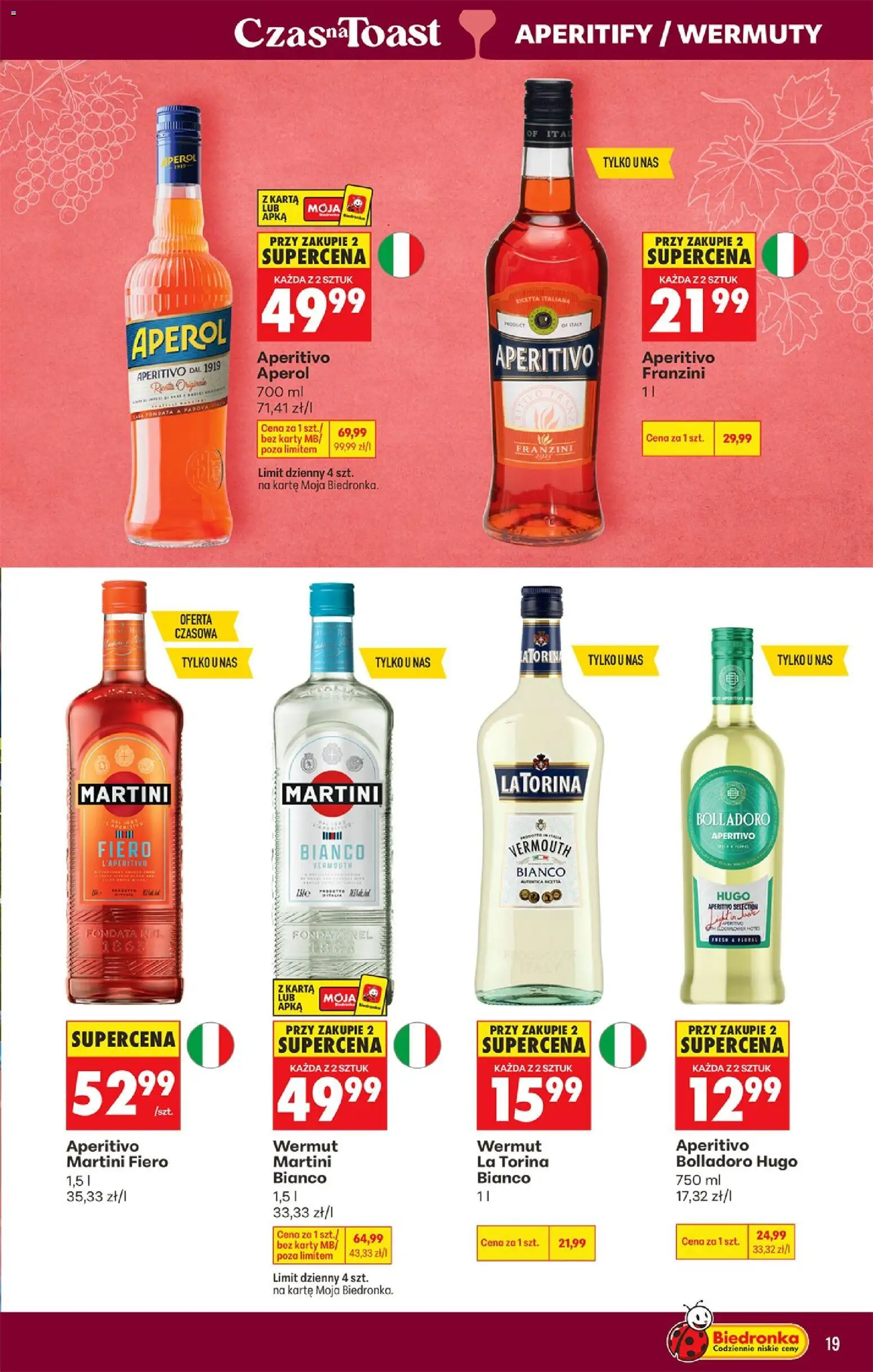 Biedronka gazetka - Czas na toast od 10.08.2026 | Strona: 19 | Produkty: Wermut, Aperol, Martini fiero, Martini Bianco