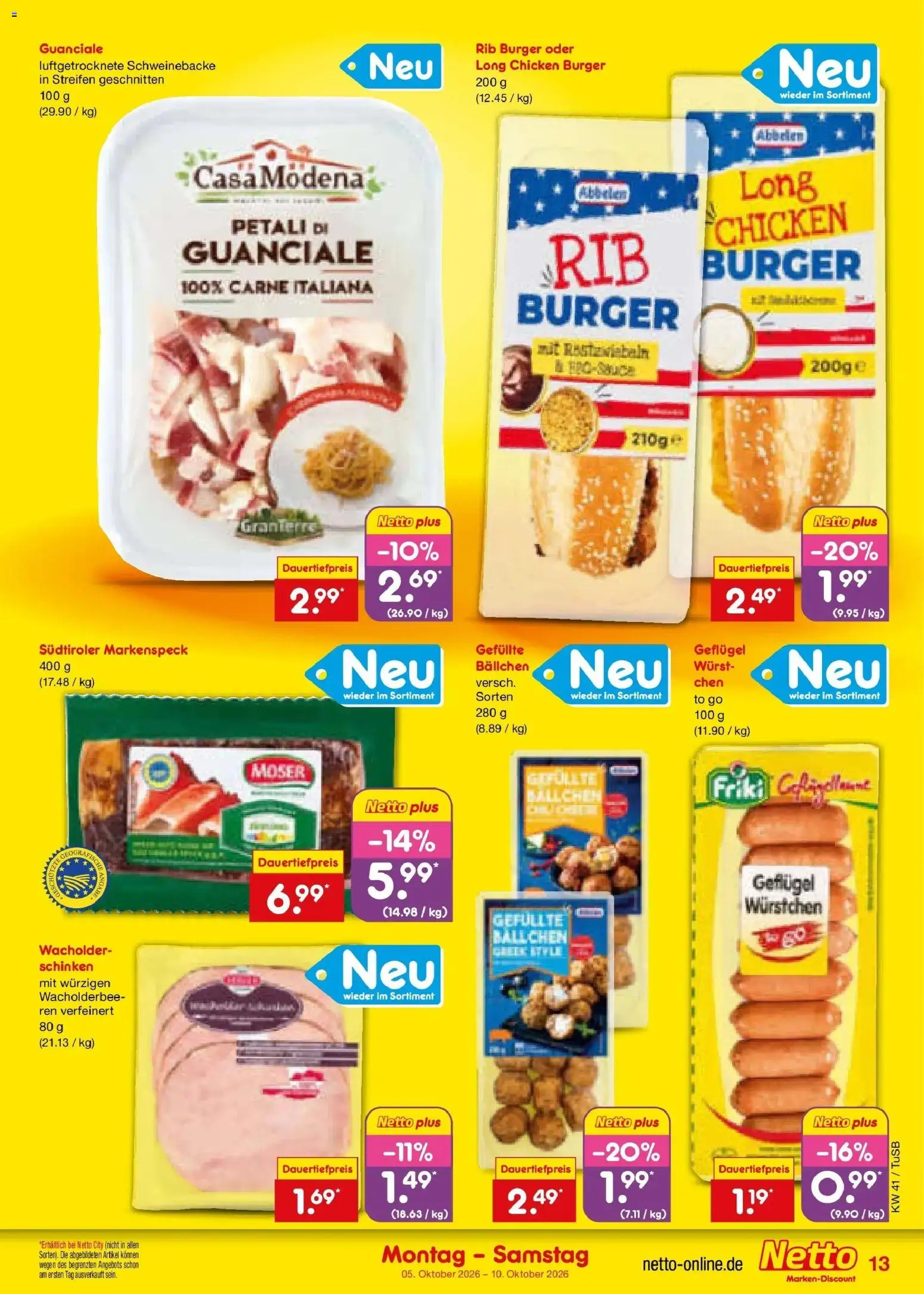 Netto Marken-Discount Prospekt Sindelfingen – gültig ab 05.10.2026 | Seite: 13 | Produkte: Burger, Wurst, Schinken