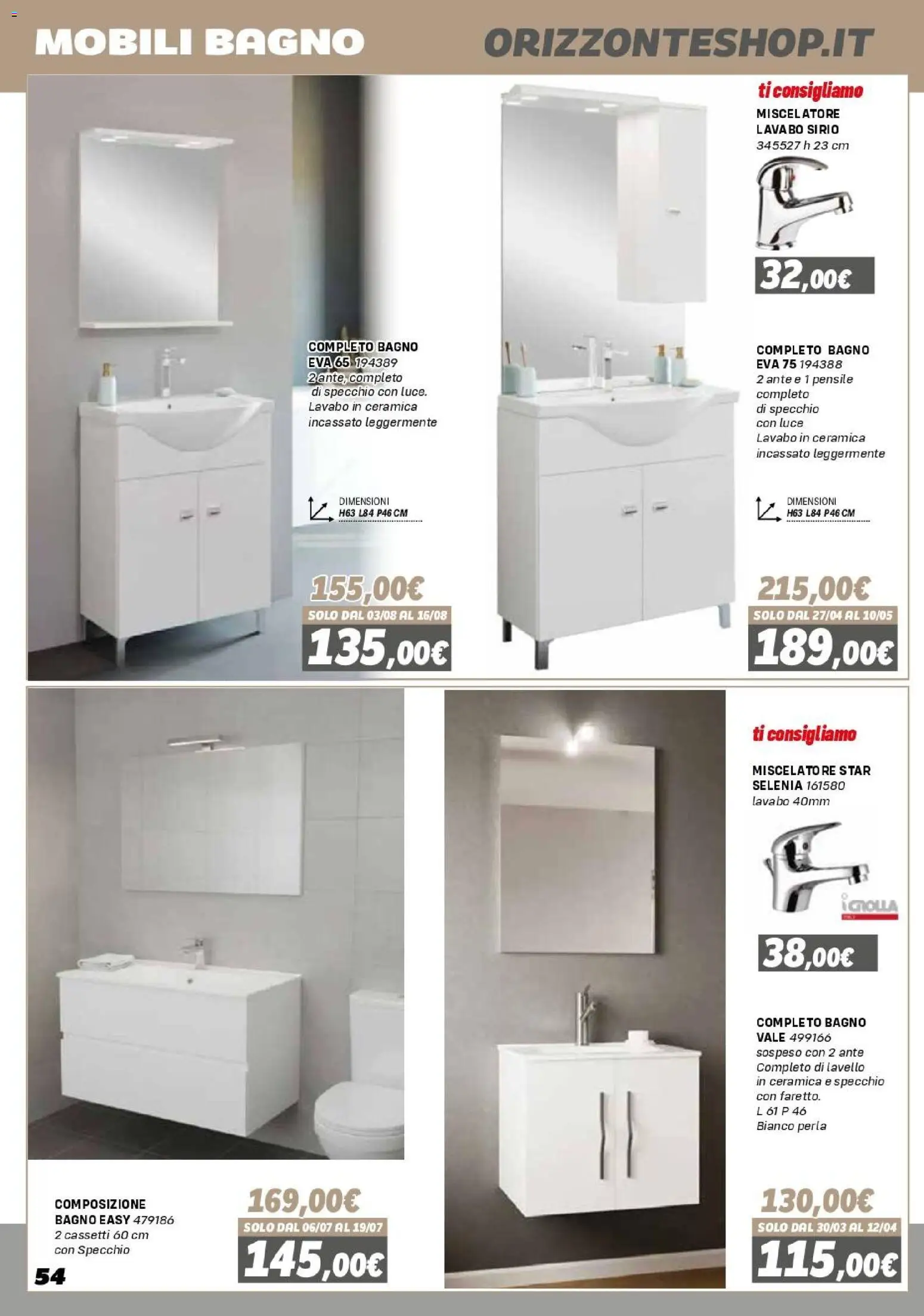 Volantino Orizzonte del 16.01.2026 | Pagina: 54 | Prodotti: Mobili bagno, Miscelatore, Bagno, Specchio