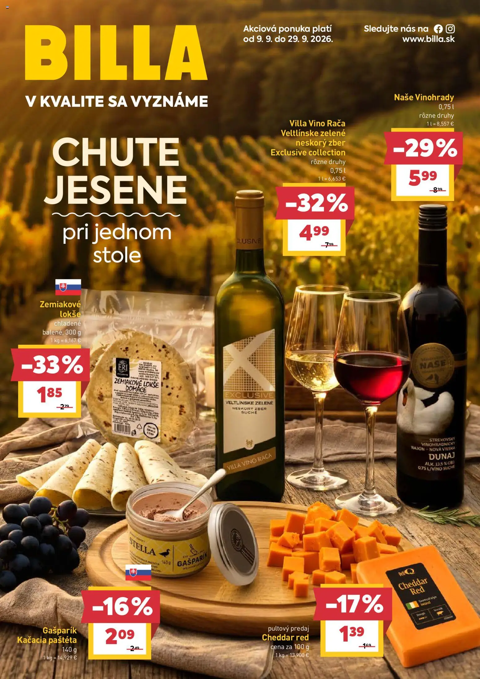 Nové Billa akcie – leták je platný od 09.09.2026 | Strana: 1 | Produkty: Víno, Cheddar, Paštéta
