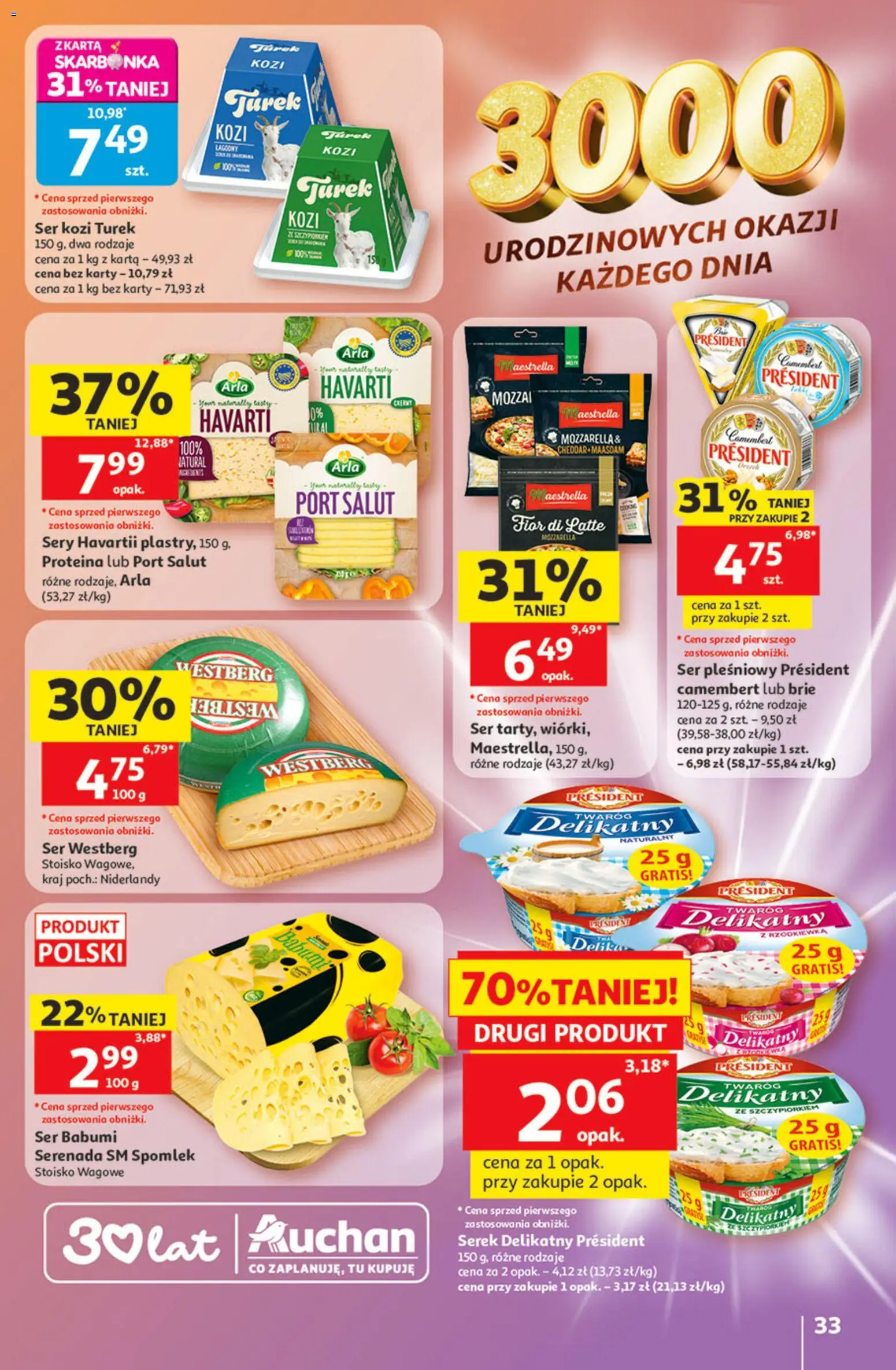 Auchan gazetka - 30 Lat Hipermarket od 21.05.2026 | Strona: 33 | Produkty: Karta, Serek, Camembert, Ser