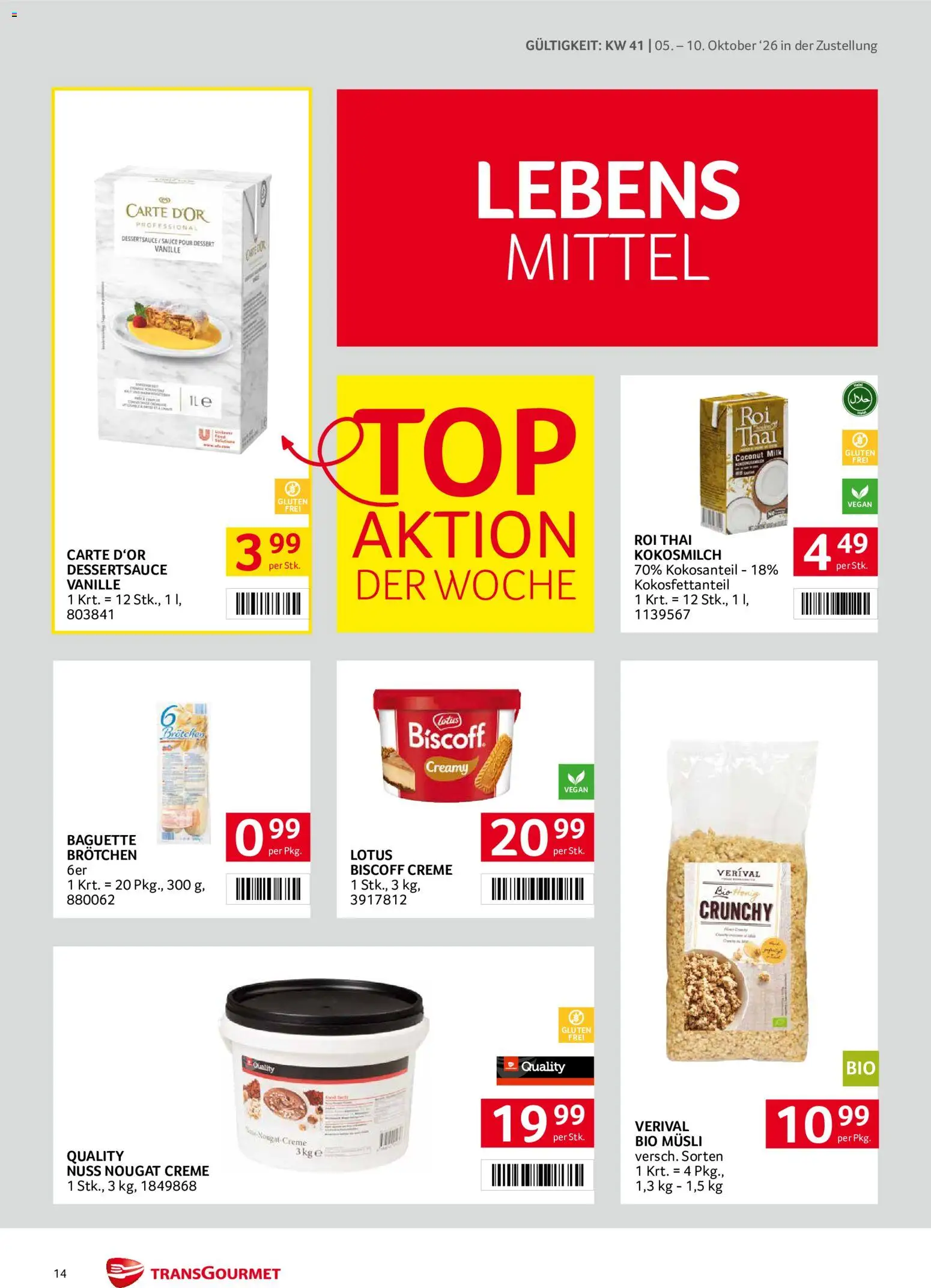 Transgourmet Zustellaktion gültig ab 05.10.2026 | Seite: 14 | Produkte: Vanille, Baguette, Lotus, Creme