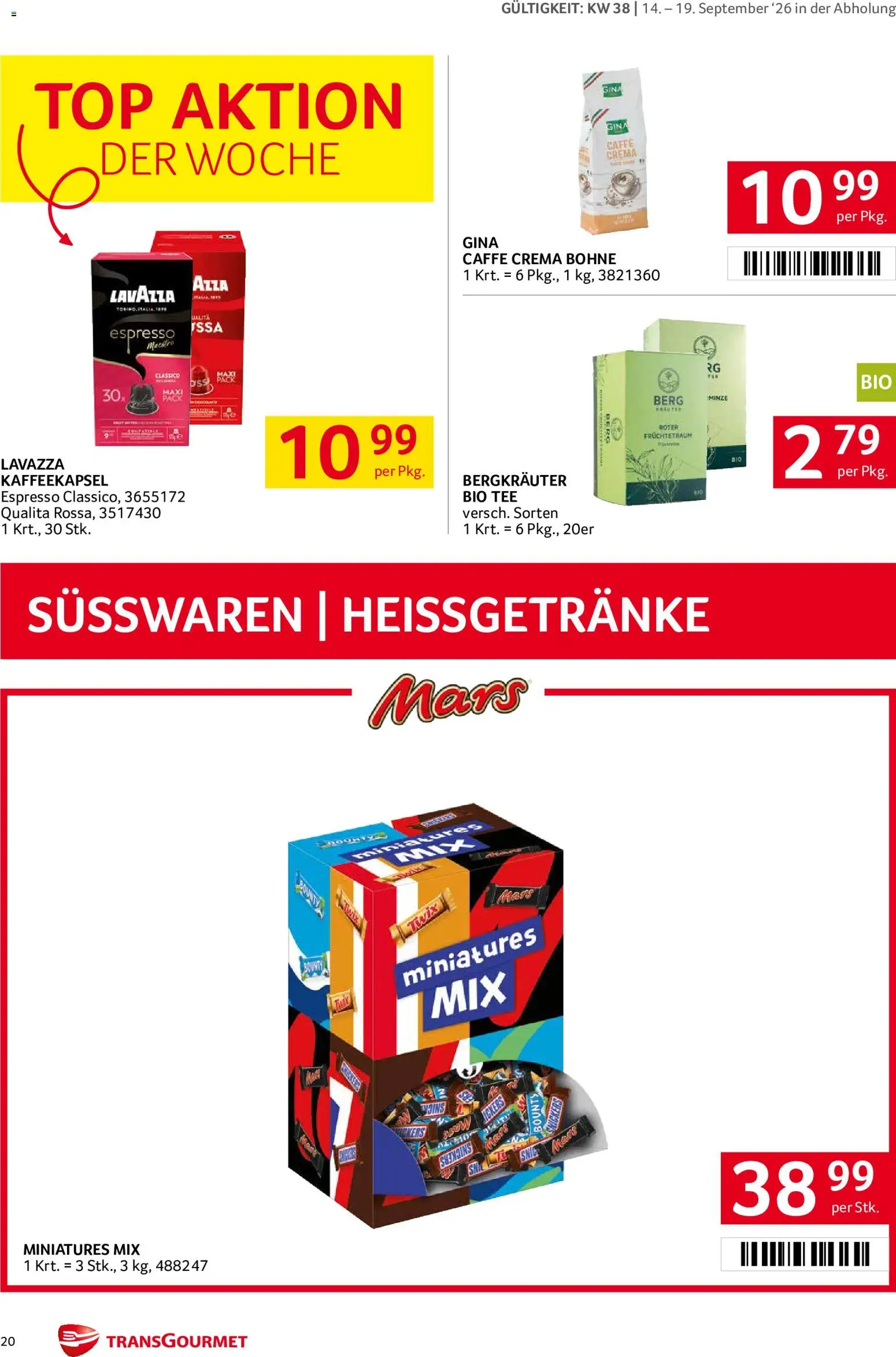 Transgourmet Flugblatt gültig ab 14.09.2026 | Seite: 19 | Produkte: Bohne, Süßwaren, Tee